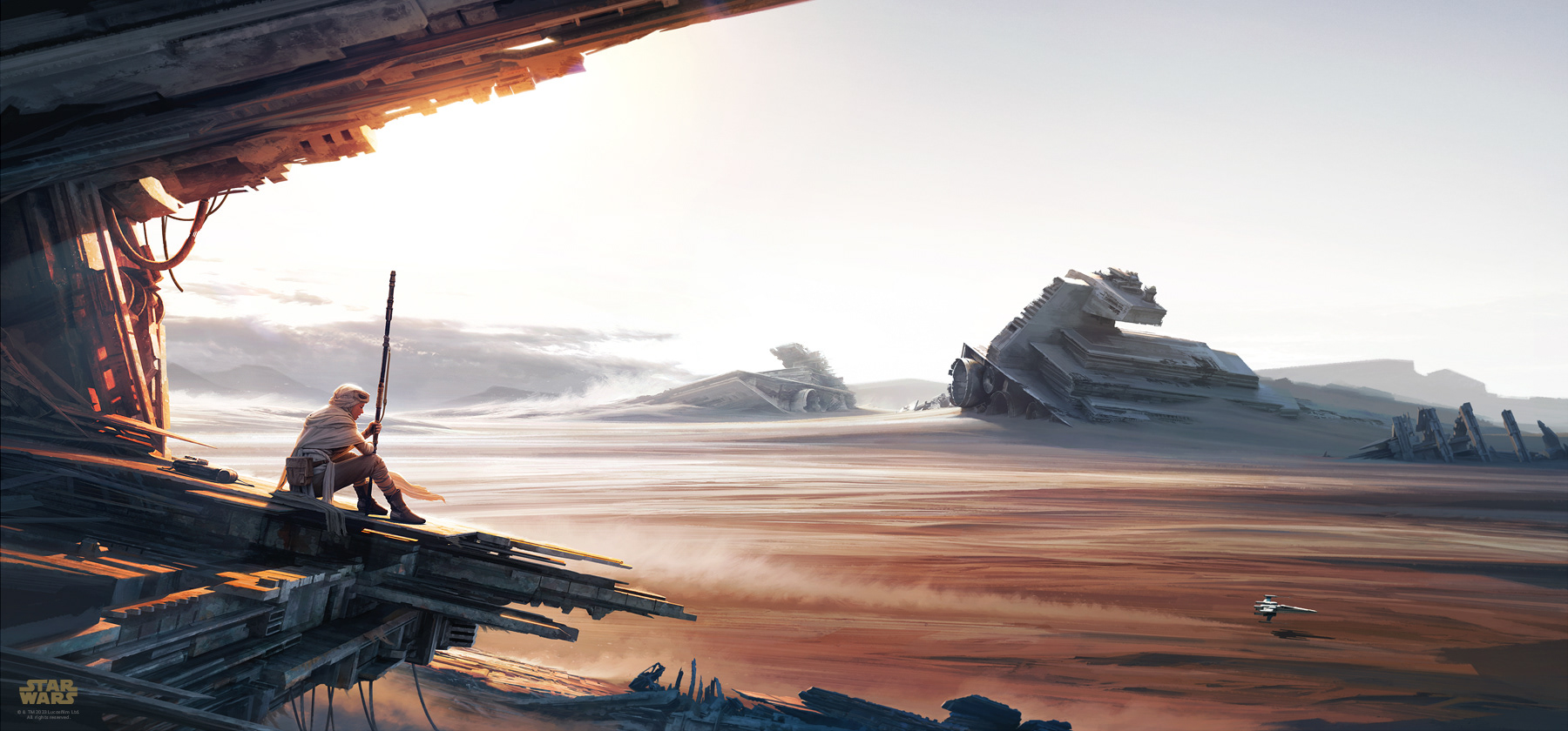 Graveyard of Giants limited edition STAR WARS Celebration London 2017 Art Print for Lucasfilm Disney by Malcolm Tween with Rey sitting on an abandonded Star Destroyer above Jakku