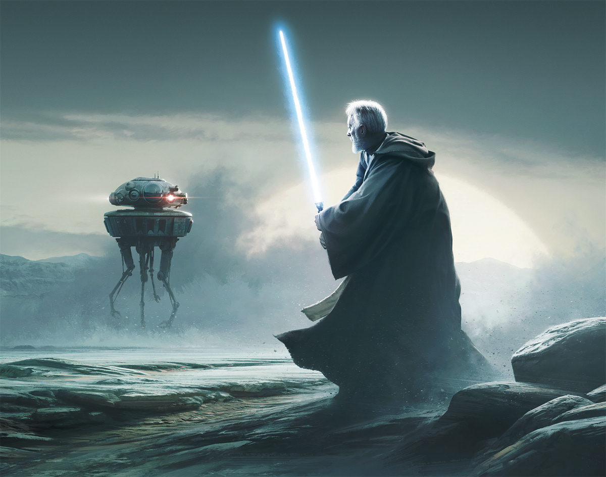Detail of The Jundland wastes official STAR WARS limited edition art print by Malcolm Tween from StarWars Celebration Anaheim 2022 featuring Obi Wan kenobi and Imperial Probe Droid on Tatooine