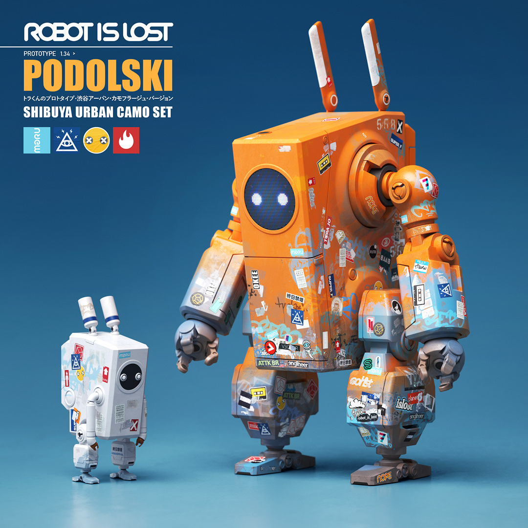 Robot-is-lost Podolski and Tora-Kun urban robots by Malcolm Tween