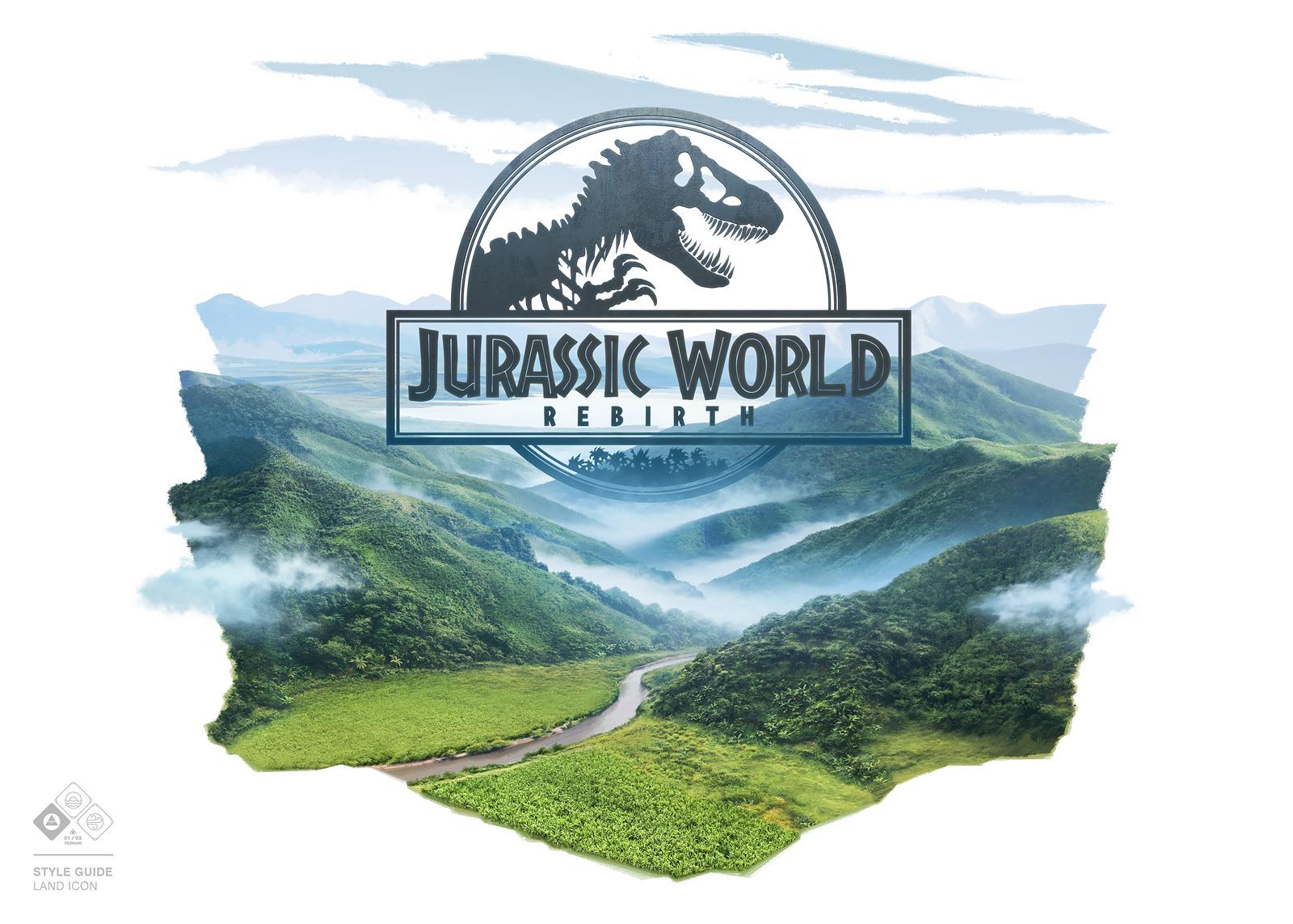Malcolm Tween | Modular layered style guide assets for Jurassic World Rebirth. Valley / Land Badge Icon