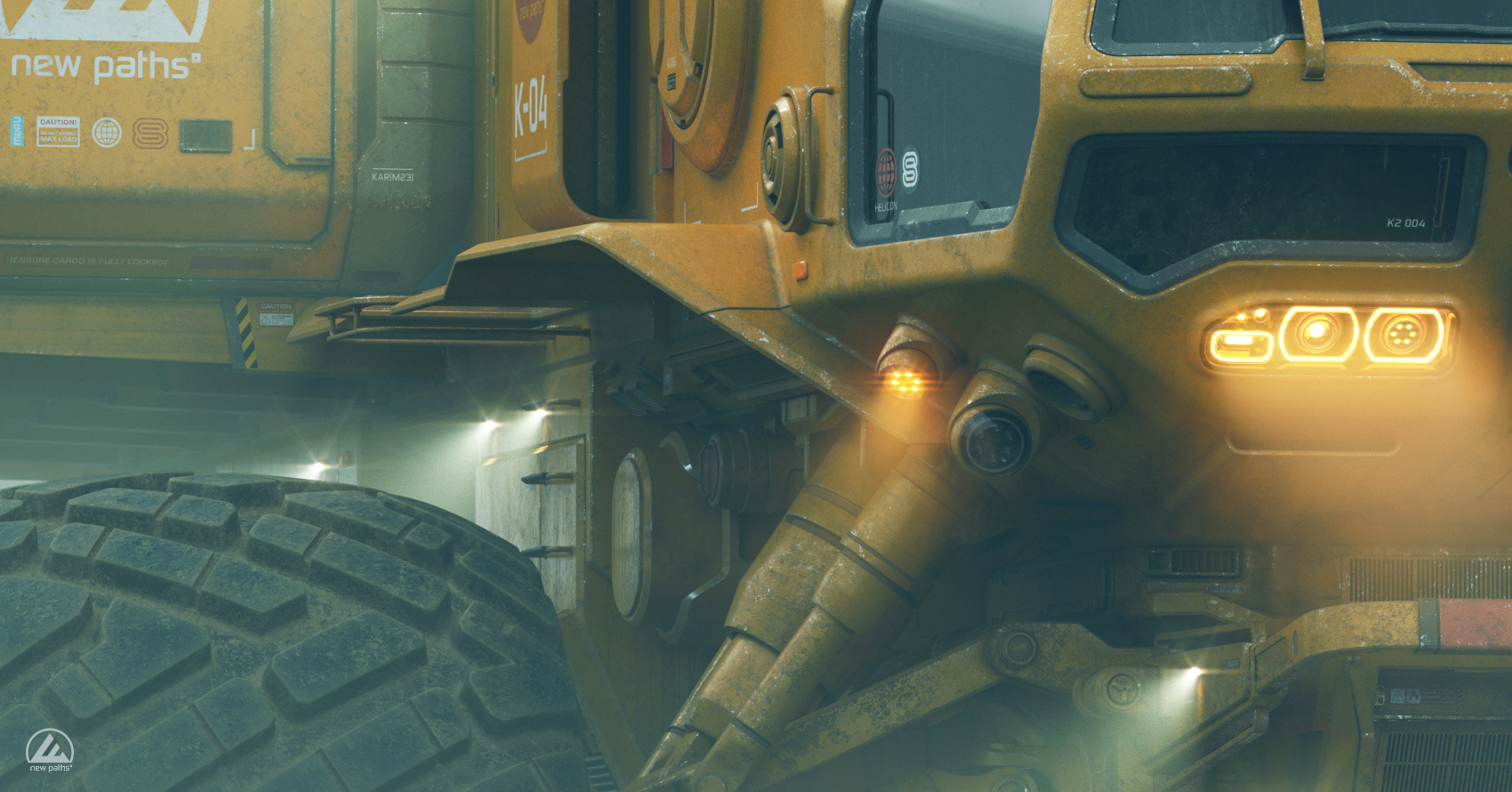 Malcolm Tween CGI illustration of a futuristic yellow six wheeled Helicon all terrain planetary rover. Designed in a Nasapunk retro futuristic style.