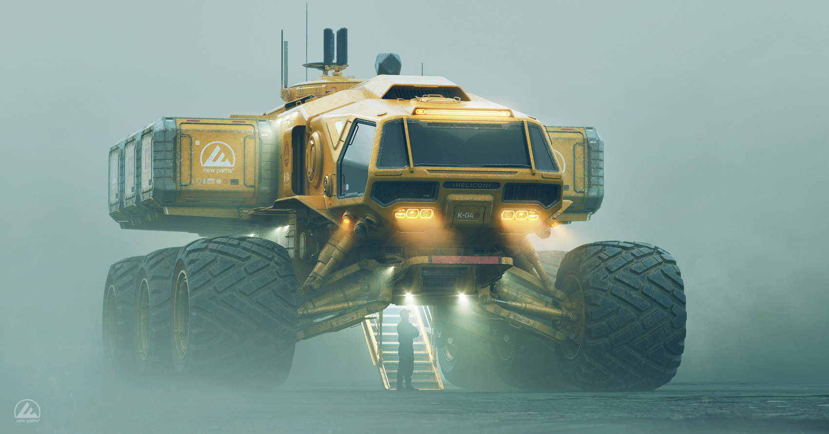 Malcolm Tween CGI illustration of a futuristic yellow six wheeled Helicon all terrain planetary rover. Designed in a Nasapunk retro futuristic style.