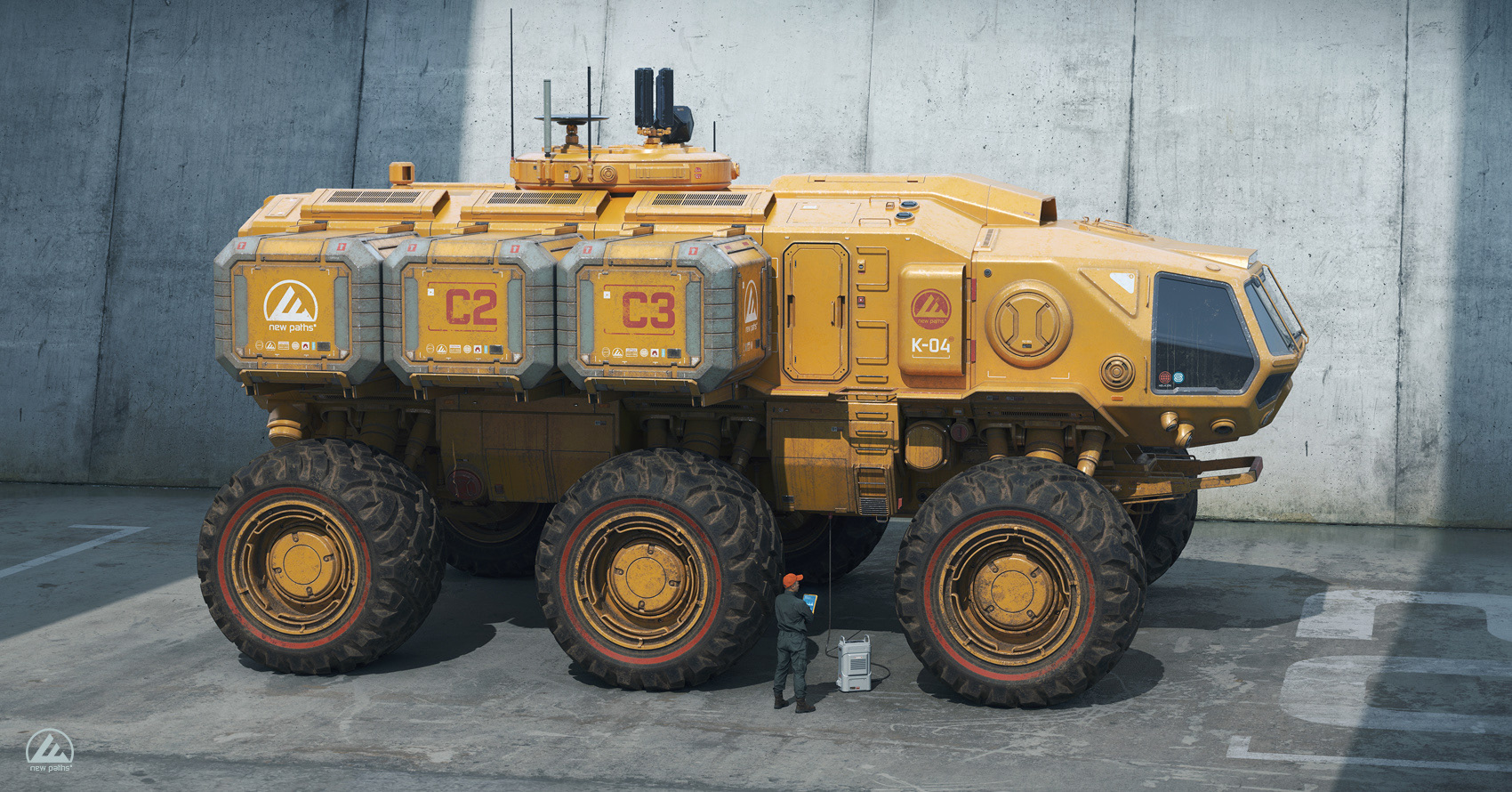 Malcolm Tween CGI illustration of a futuristic yellow six wheeled Helicon all terrain planetary rover. Designed in a Nasapunk retro futuristic style.