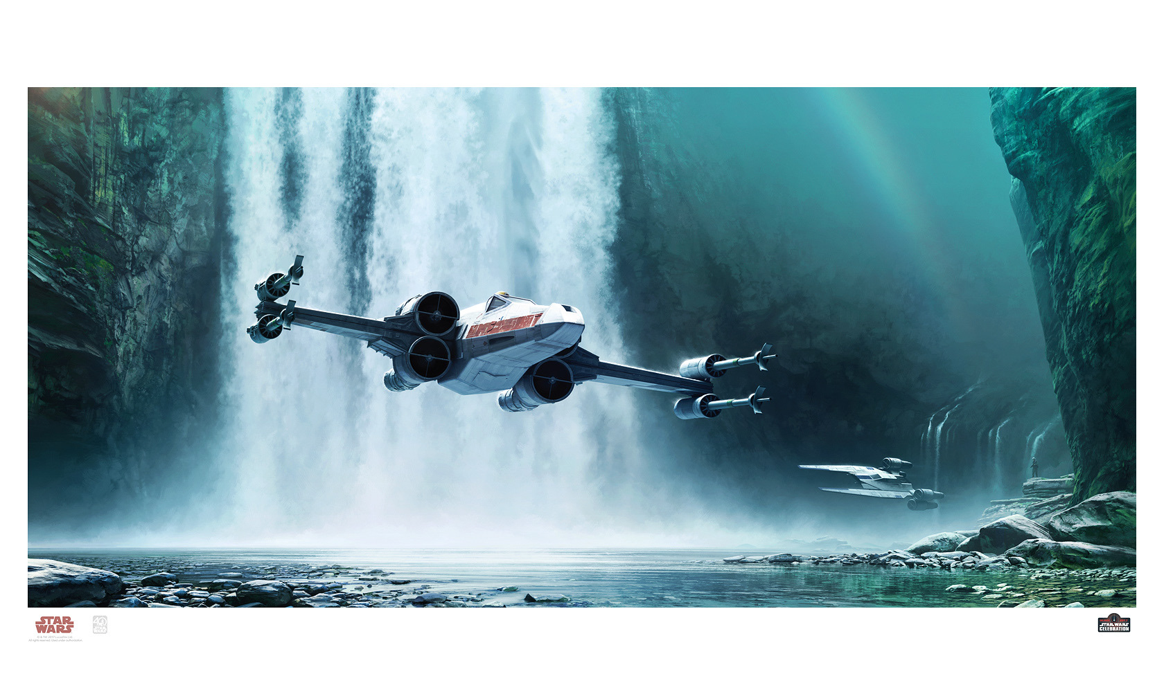 Yavin 4 limited edition STAR WARS Celebration 2018 Art Print for Lucasfilm Disney by Malcolm Tween featuring a rebel X-wing landing in front of forest waterfall