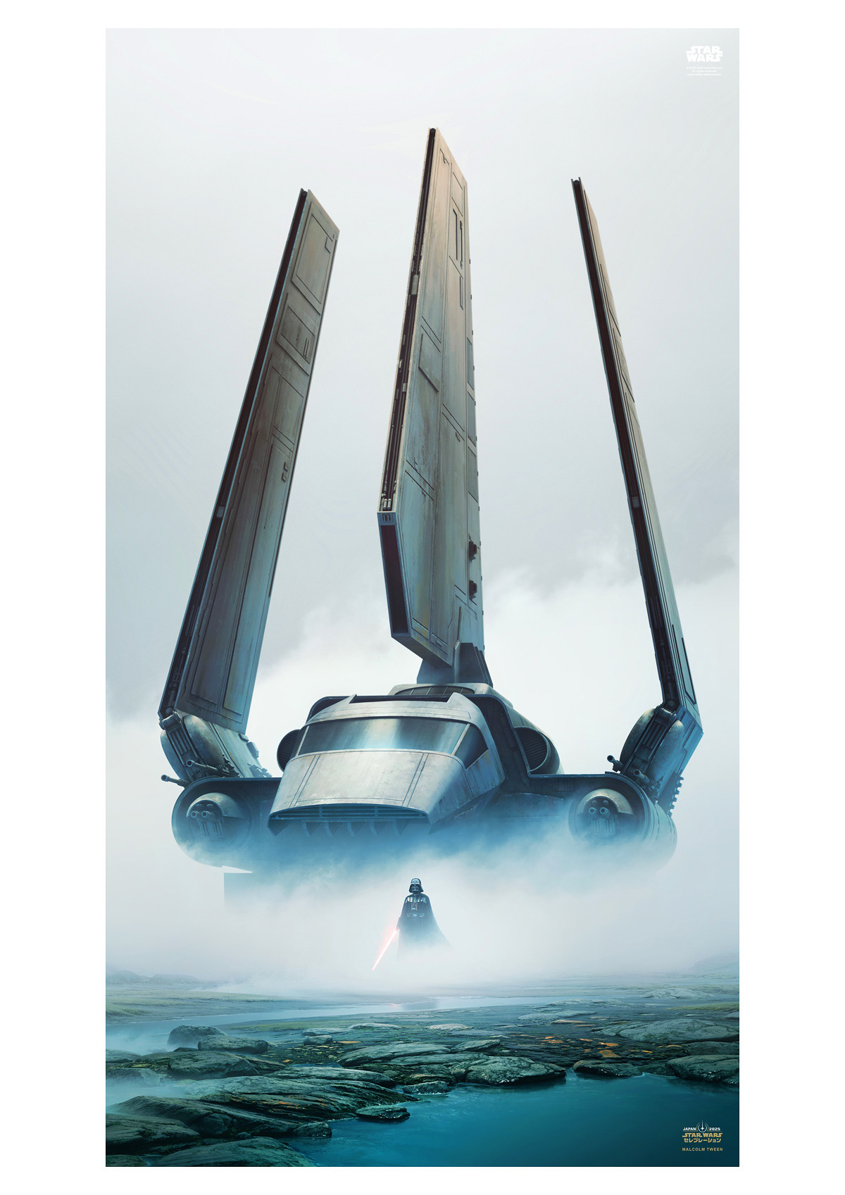 Vader. Malcolm Tween Limited edition art print for Star Wars Celebration Japan 2025. Darth Vader emerges from swirling fog , his light sabre drawn standing in front of his towering imperial shuttle Tyderium half concealed in the mist.