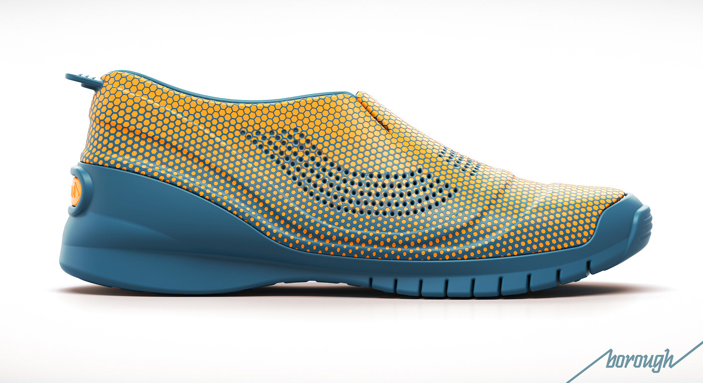 Orange and Teal Borough 3D Printed shoe concept by Cisco artwork by Malcolm Tween and Digital Progression