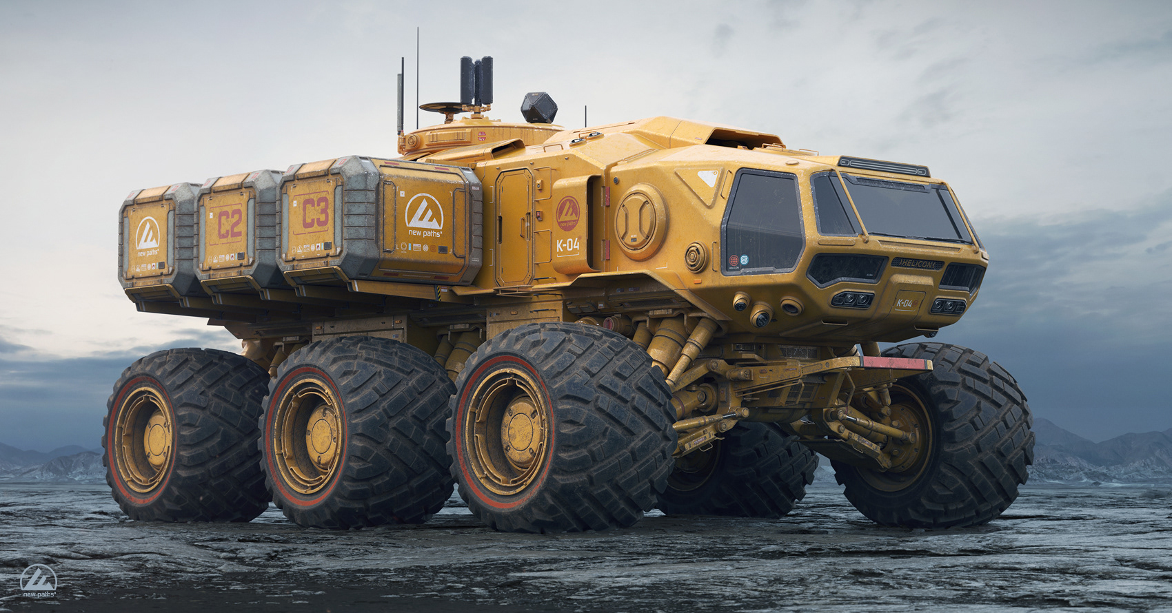 Malcolm Tween CGI illustration of a futuristic yellow six wheeled Helicon all terrain planetary rover. Designed in a Nasapunk retro futuristic style with a sci-fi aesthetics mixed with real world design. The vehicle is loaded with six cargo pods on retractable support arms and a full comms area mounted on the roof.
