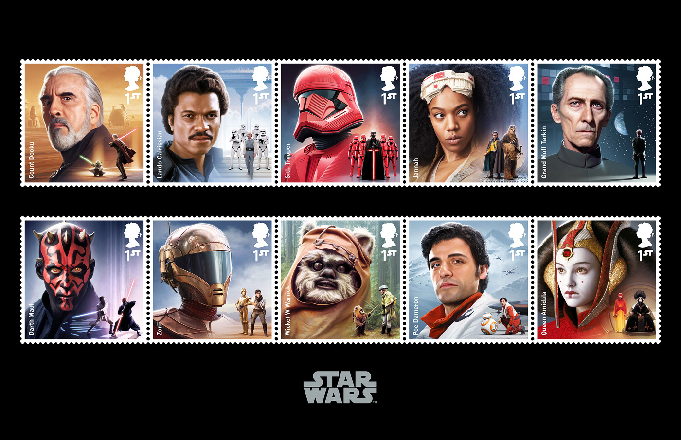 Royal Mail STAR WARS stamp set 2019 by Malcolm Tween for Lucasfilm featrunf Dooku Lando Tarkin Maul Zorii Amidala