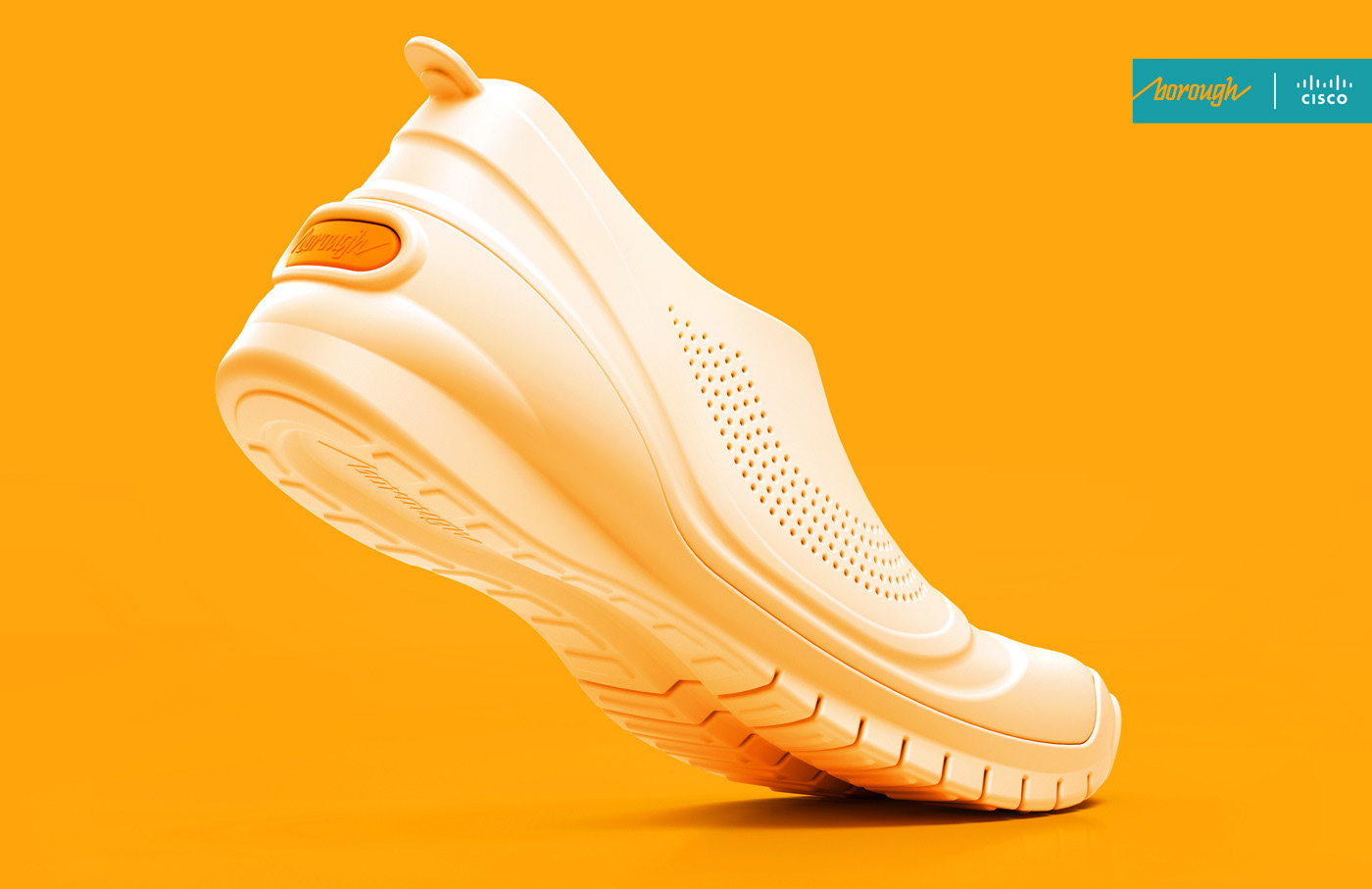 Orange and white Borough 3D Printed shoe concept by Cisco artwork by Malcolm Tween and Digital Progression