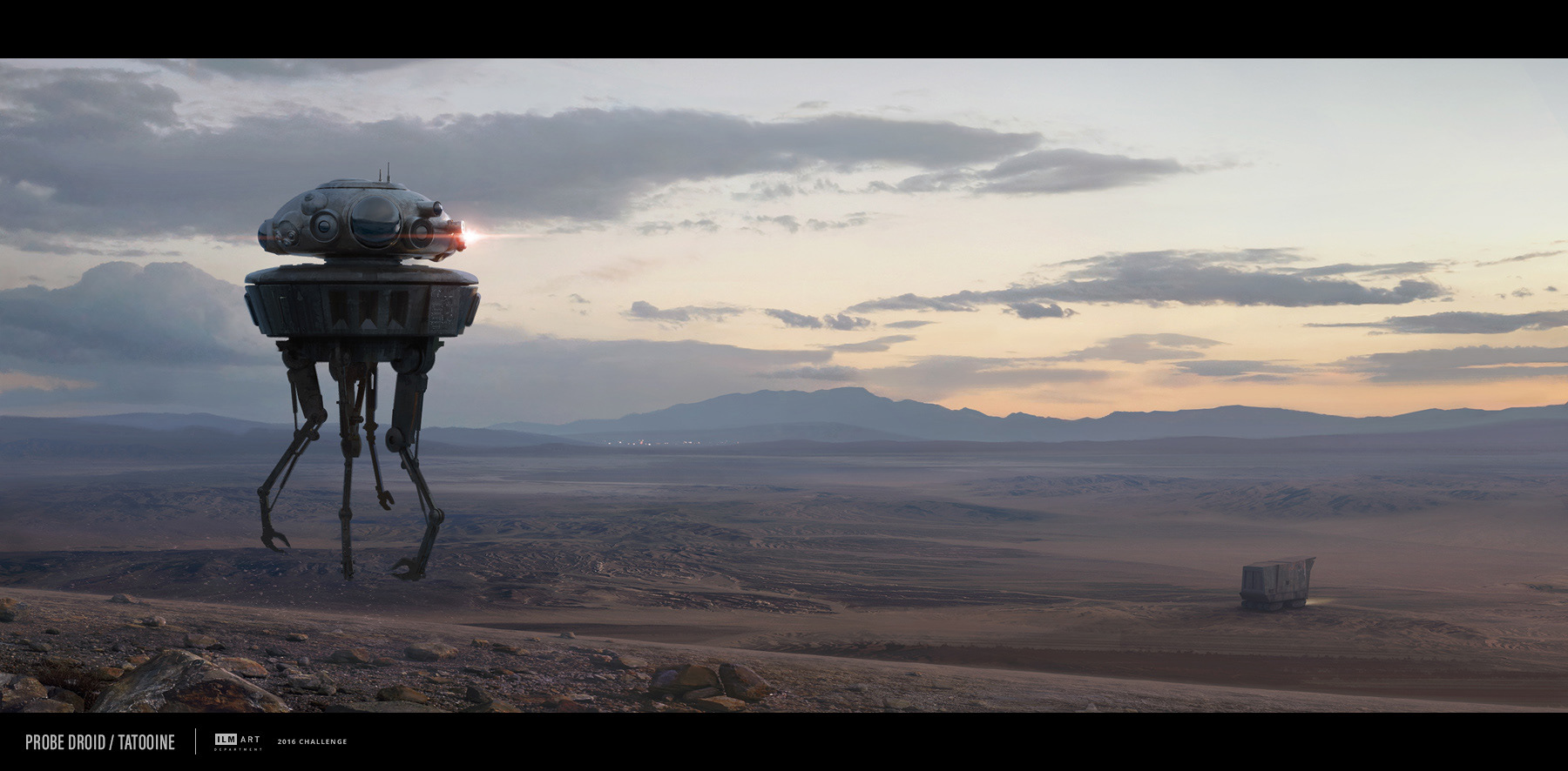 Malcolm Tween concept art for the STAR WARS ILM Art Department Challenge. A probe droid hunts down the Sandcrawler on Tatooine at dusk.