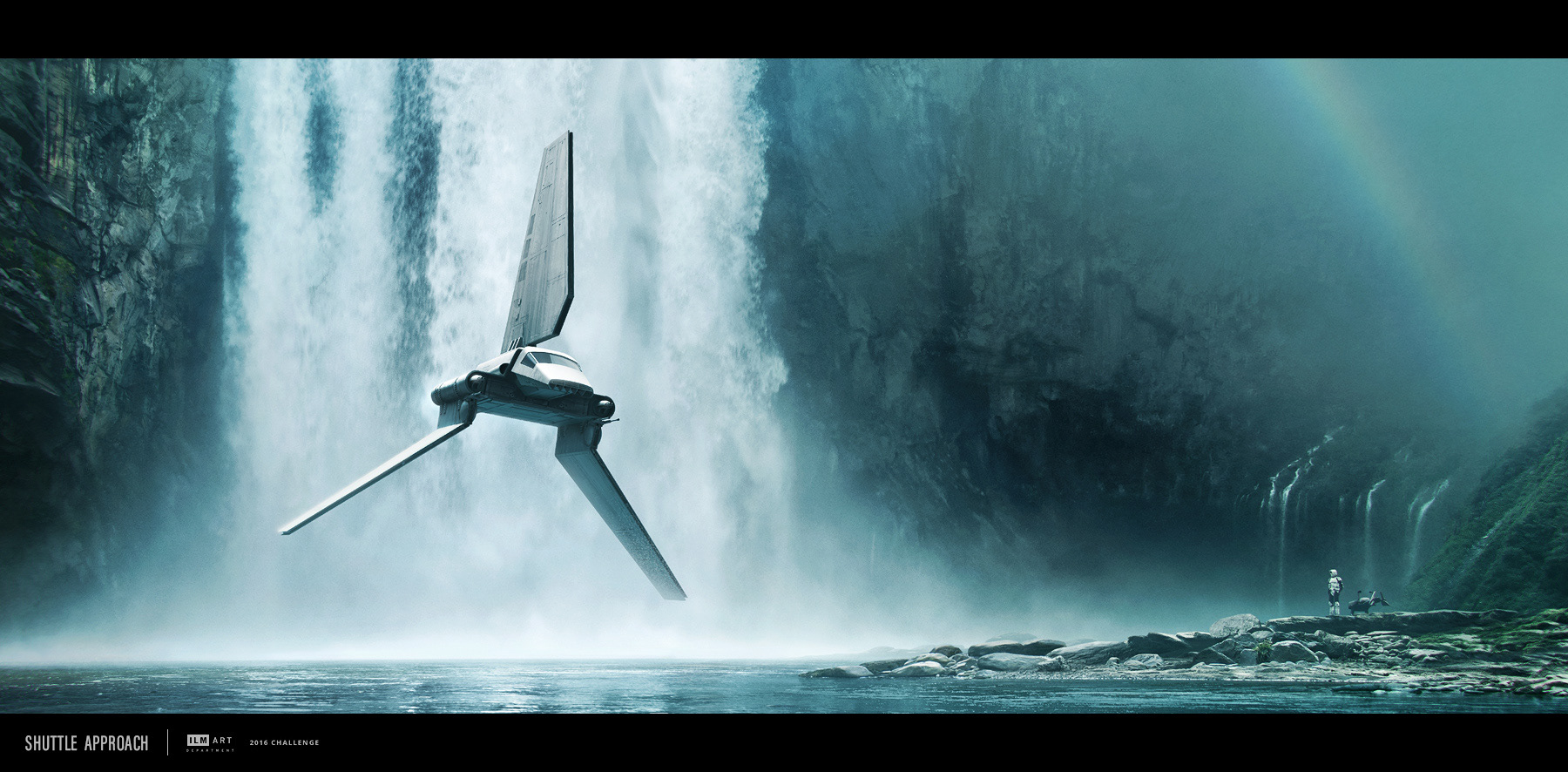 Malcolm Tween concept art for the STAR WARS ILM Art Department Challenge.  Imperial shuttle flies in front of a waterfall on Endor