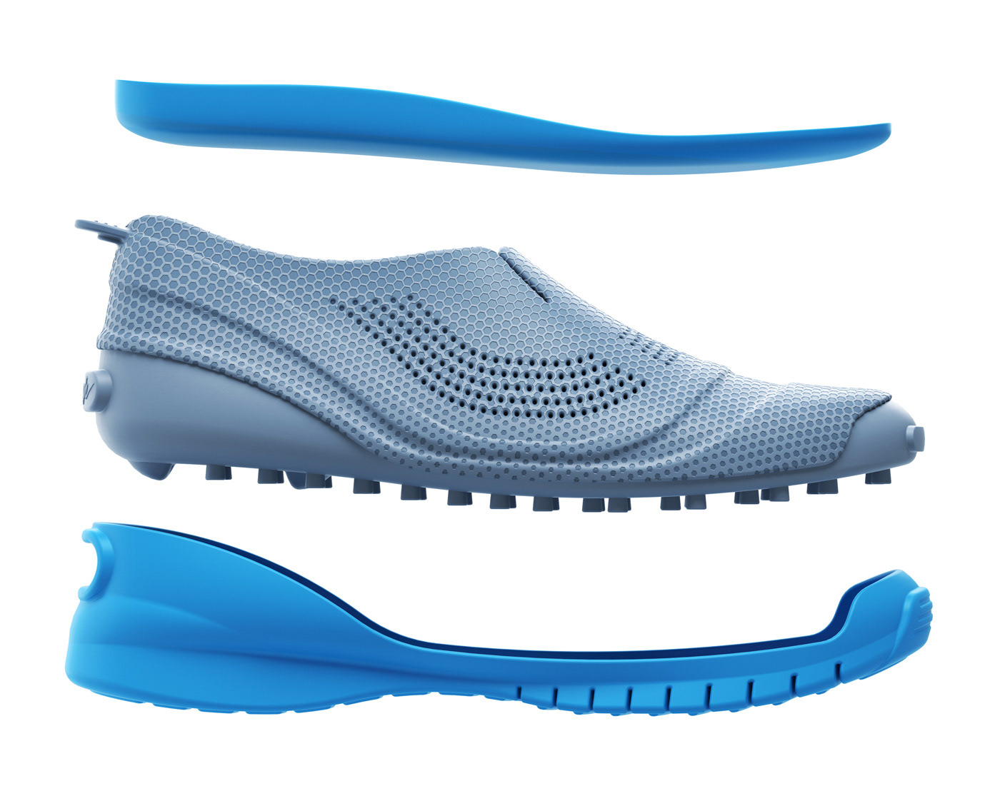 Greay and Blue exploded Borough 3D Printed shoe concept by Cisco artwork by Malcolm Tween and Digital Progression