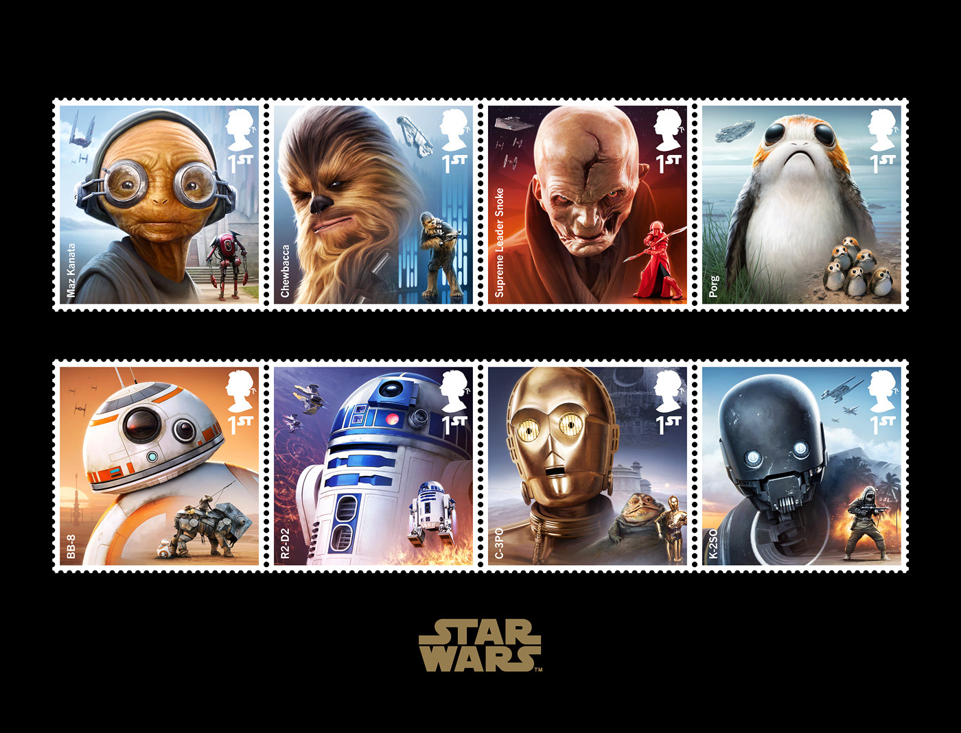 Royal Mail STAR WARS stamp set 2017 by Malcolm Tween for Lucasfilm with Maz Kanata Chewbacca Snoke Porg BB8 R2D2 C3PO K2SO
