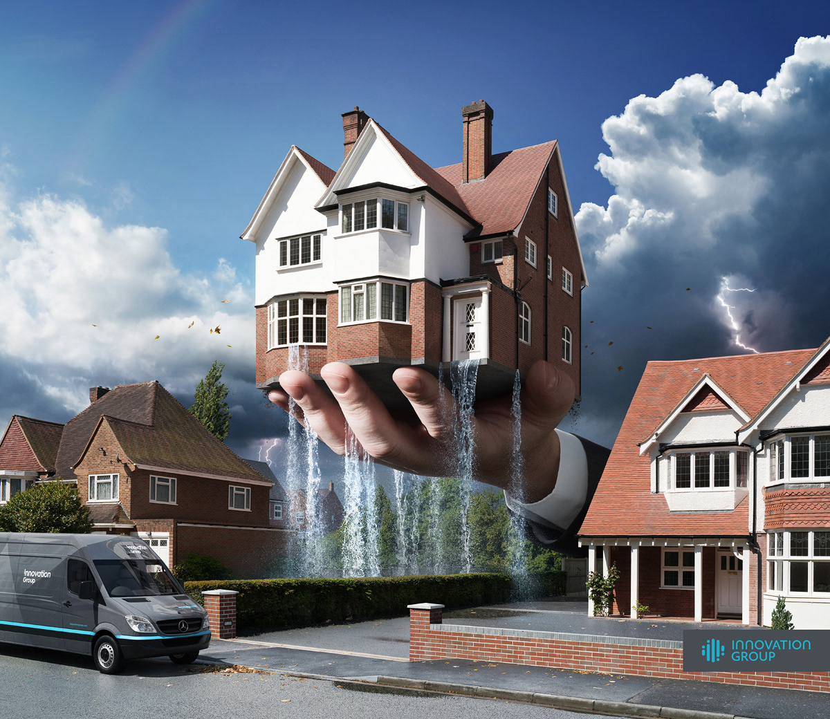 a hand lifting up a flooded house during a storm concept illustration for Innovation Group by Malcolm Tween and Digital Progression