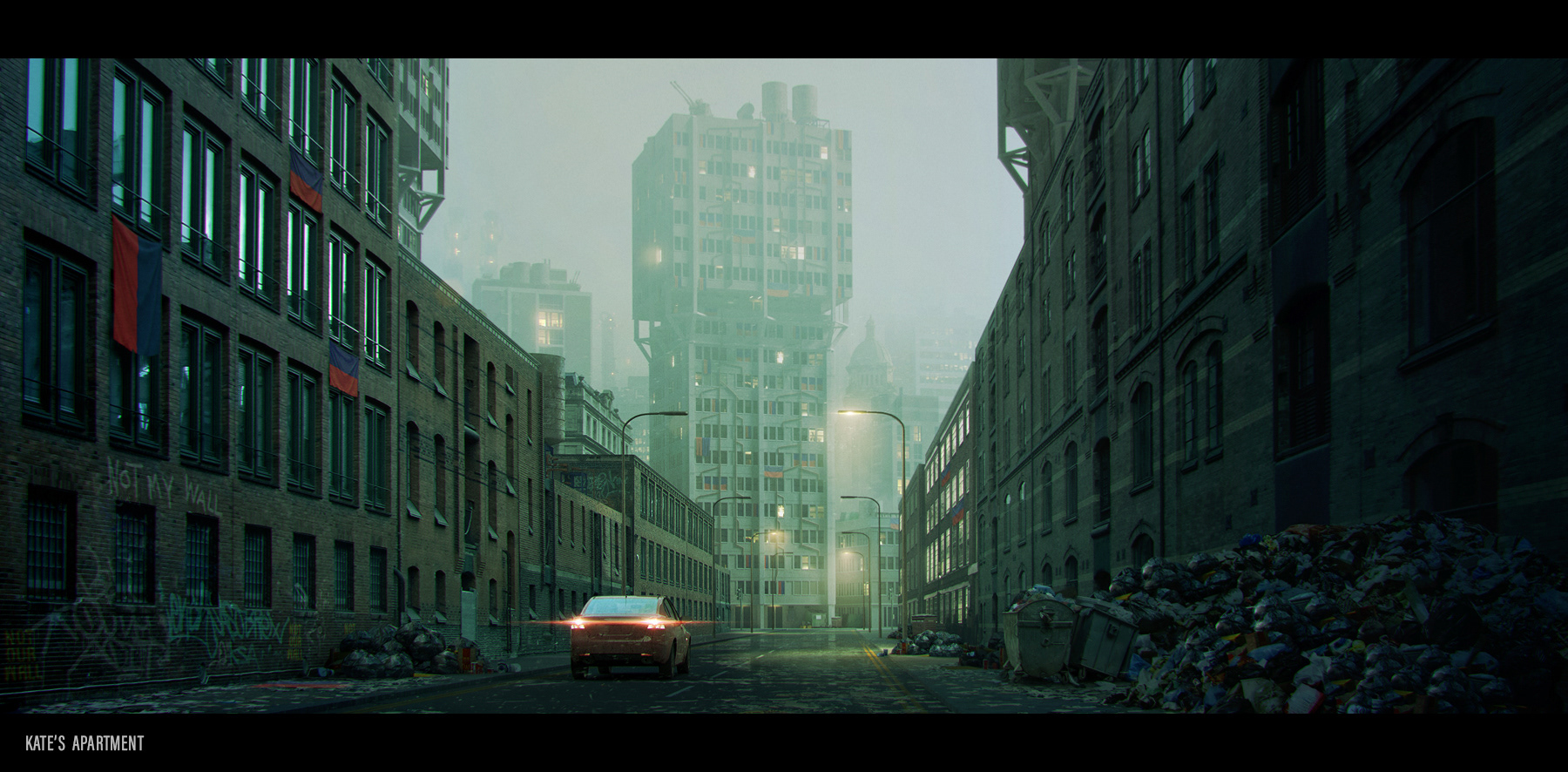 Malcolm Tween concept art for an unreleased science fiction film project. Kate's apartment. A lone car drives through an abandoned street, buildings emerging through fog and smoke.