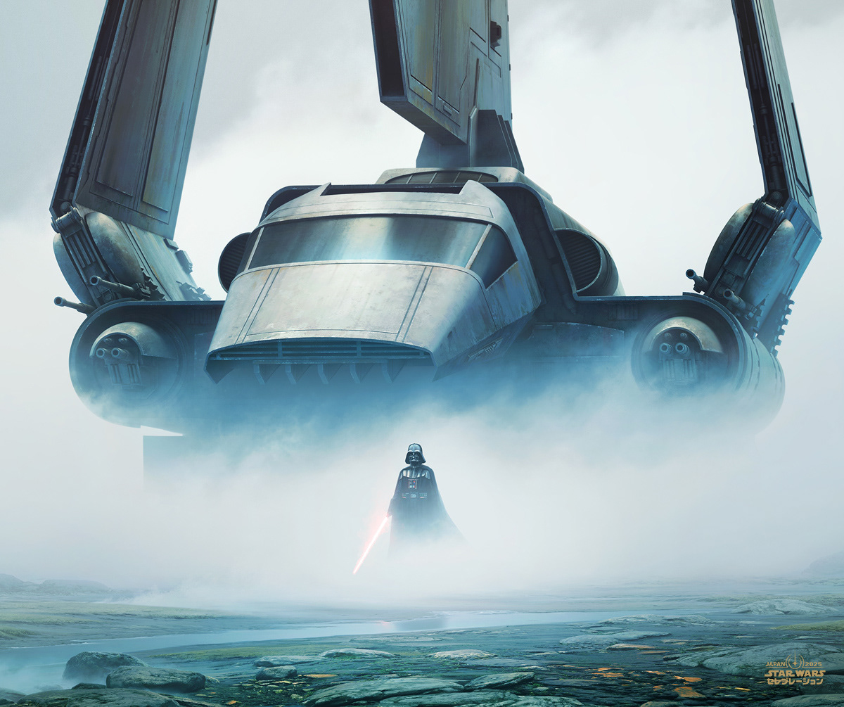 Vader. Malcolm Tween Limited edition art print for Star Wars Celebration Japan 2025. Darth Vader emerges from swirling fog , his light sabre drawn standing in front of his towering imperial shuttle Tyderium half concealed in the mist.