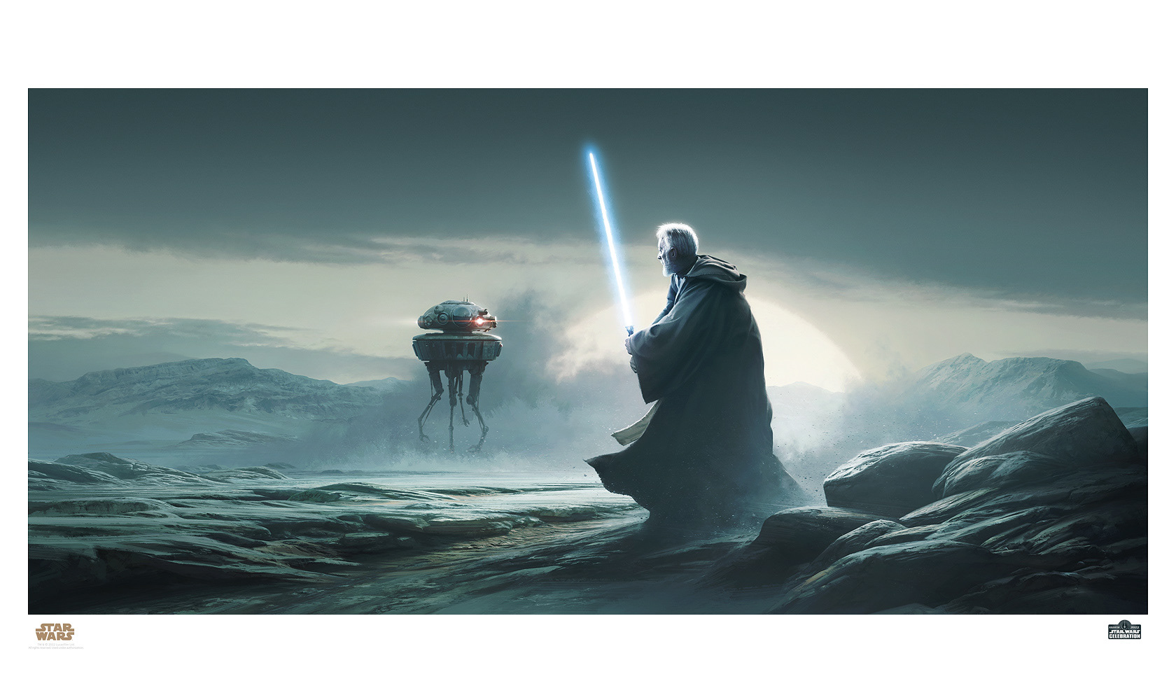 The Jundland wastes official STAR WARS limited edition art print by Malcolm Tween from StarWars Celebration Anaheim 2022 featuring Obi Wan kenobi on Tatooine