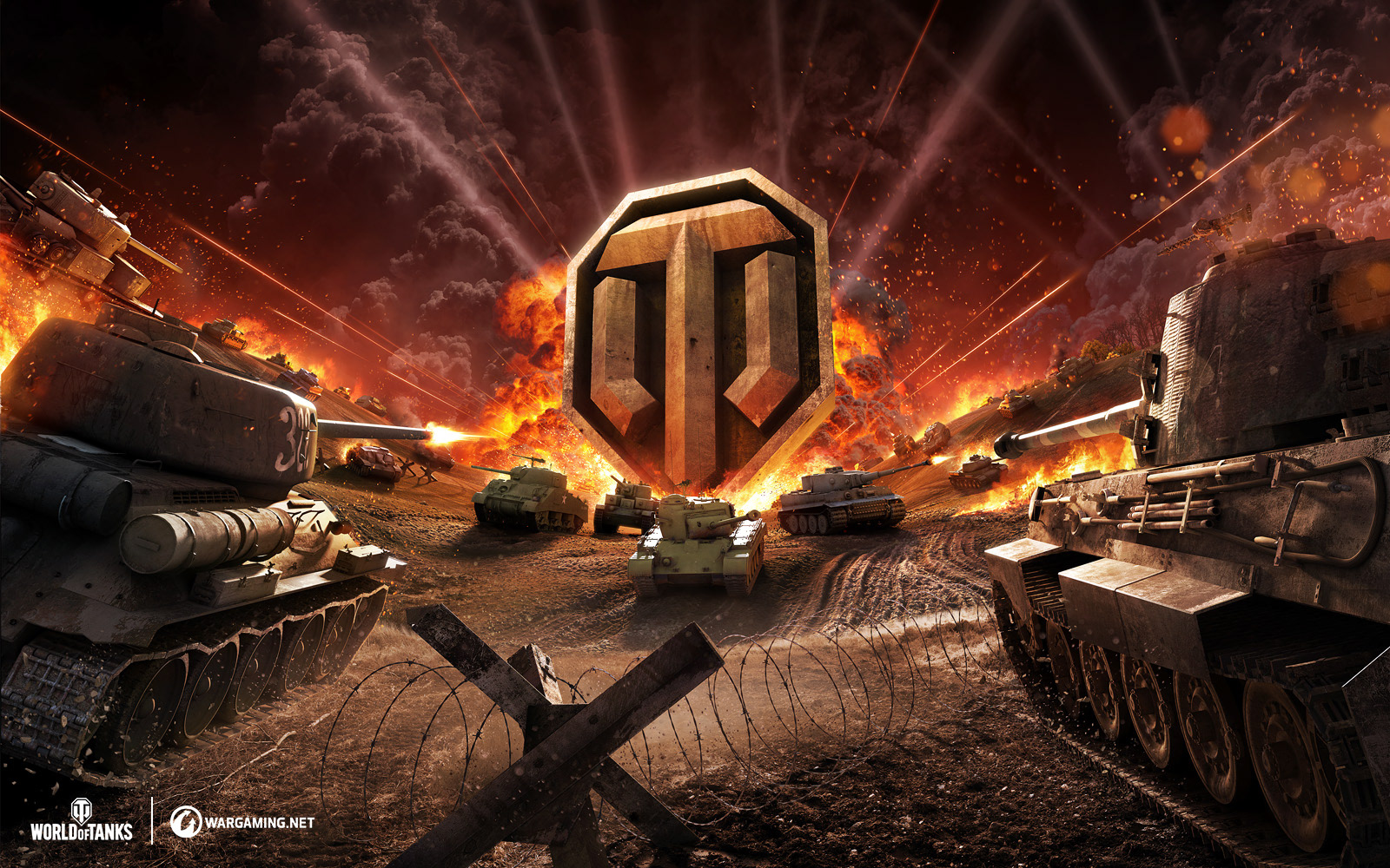 Malcolm Tween World of Tanks Key art V2 for Wargaming.net. A multitude of tanks on a battle torn landscape in front of a giant WOT logo surrounded by fire and explosions. 