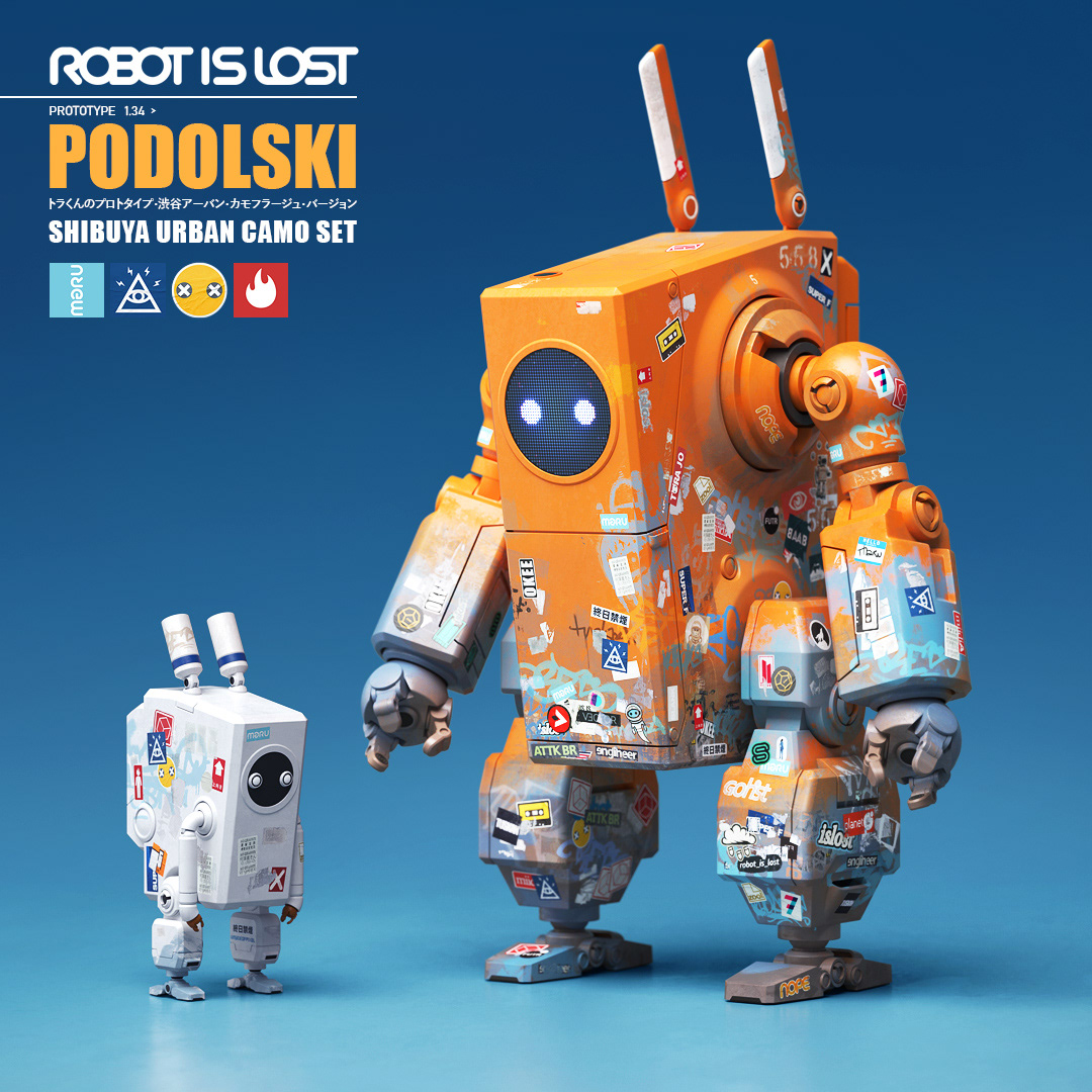 Robot-is-lost Podolski and Tora-Kun urban robots by Malcolm Tween