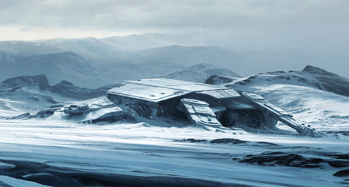 The North Ridge by Malcolm Tween Limited Edition officially licensed STAR WARS™ lithograph for Star-Wars-Celebration 2020 Hoth Imperial Shuttle in snow with fallen ATAT