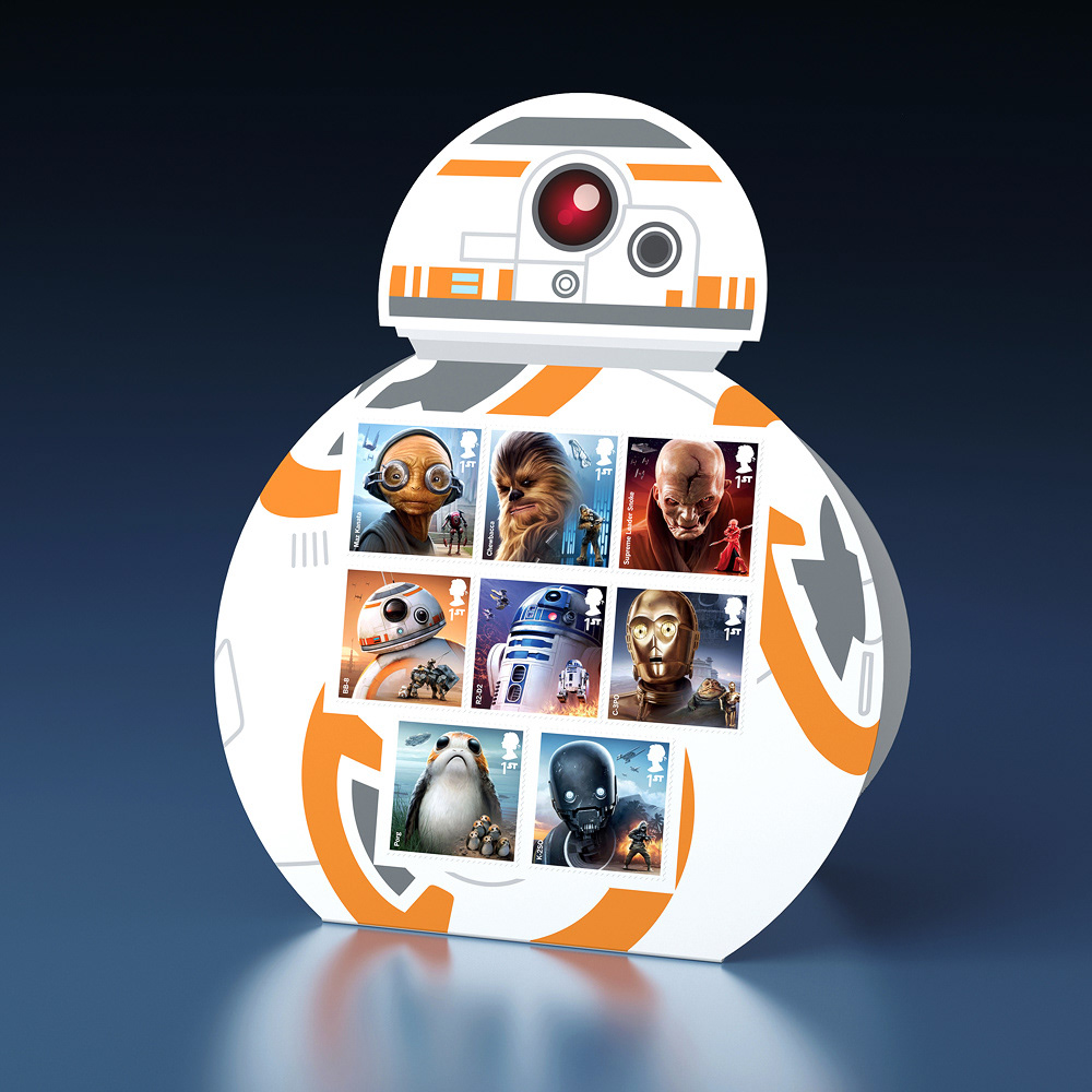 Royal Mail STAR WARS stamp 2017 by Malcolm Tween BB-8 stand