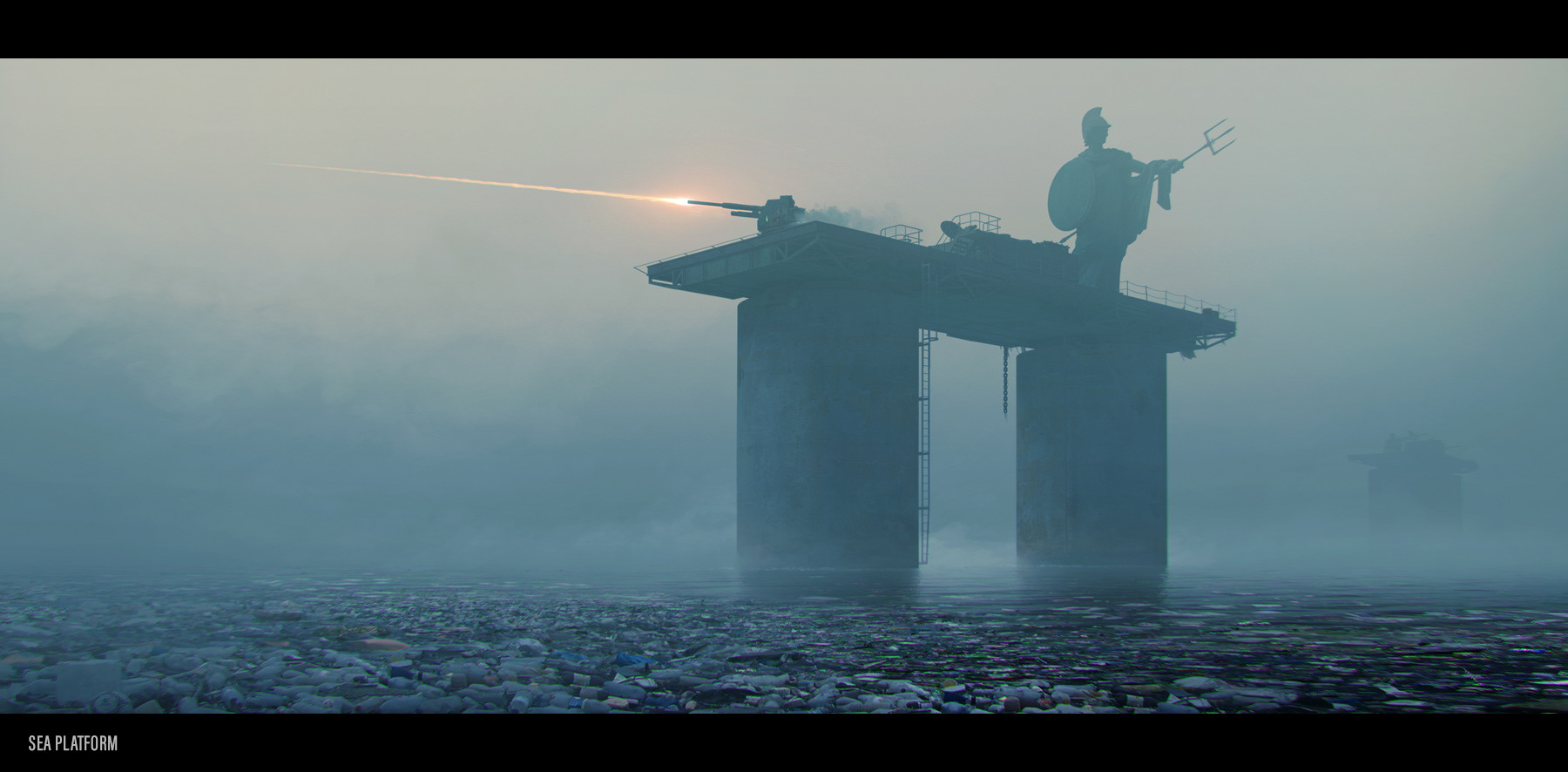 Malcolm Tween concept art for an unreleased science fiction film project. An abandoned sea platform in the English Channel looms through the mist. It is surrounded by a sea of floating debris. A lone figure fires an anti aircraft gun illuminating the sky.