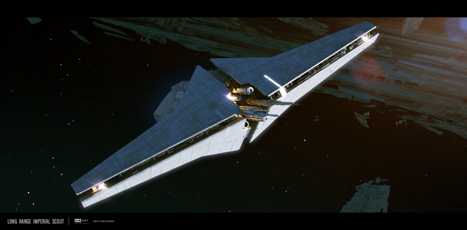 Malcolm Tween concept art for the STAR WARS ILM Art Department Challenge. Imperial long range Hammer head scout in front of a derelict spaceship.