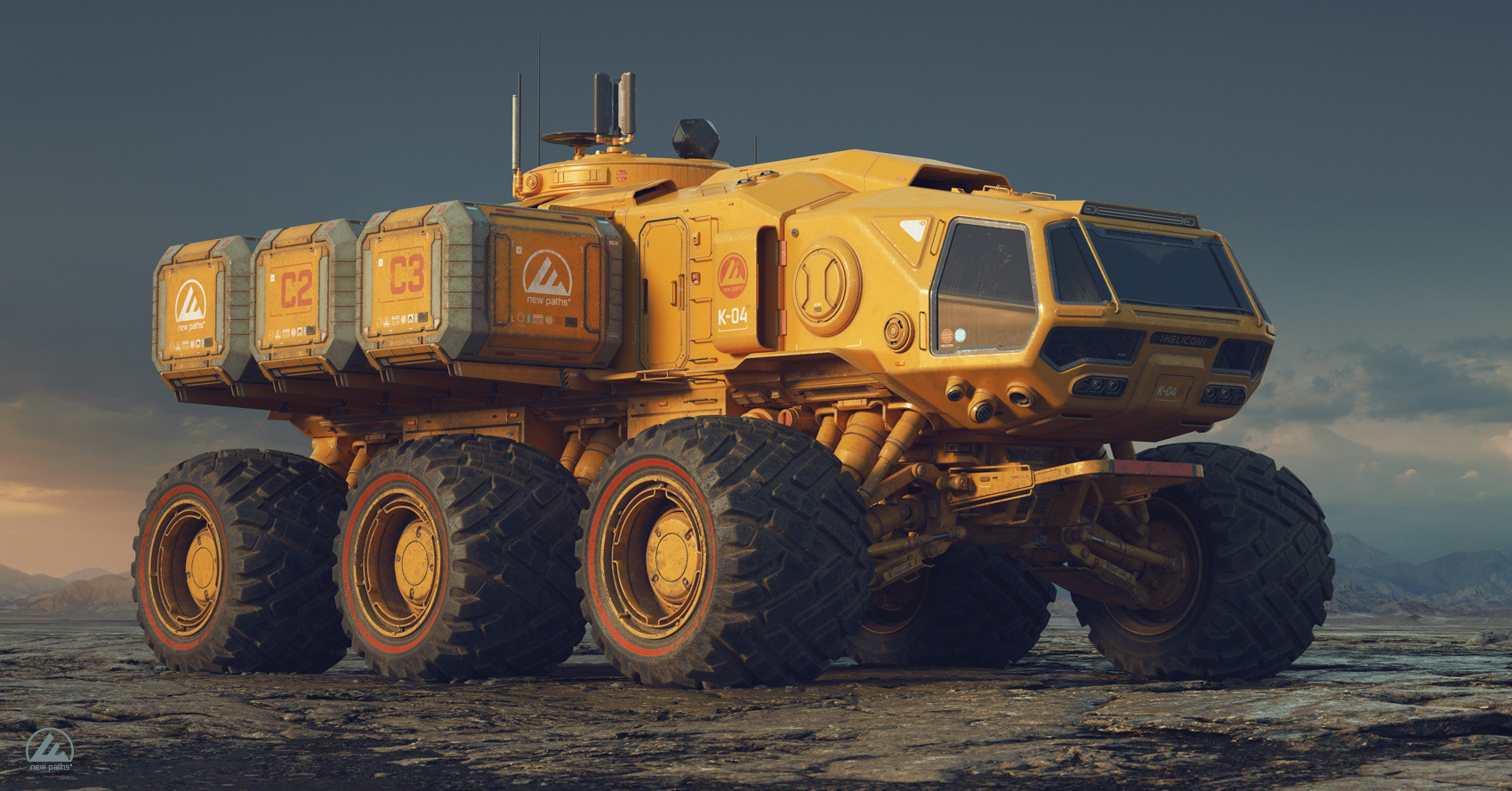 Malcolm Tween CGI illustration of a futuristic yellow six wheeled Helicon all terrain planetary rover. Designed in a Nasapunk retro futuristic style.