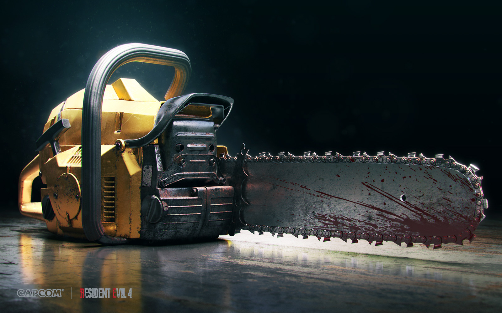 Malcolm Tween promotional artwork for Resident Evil 4 / Capcom / Playstation. A rusty yellow chainsaw with blood spattered blade silhouetted in darkness.