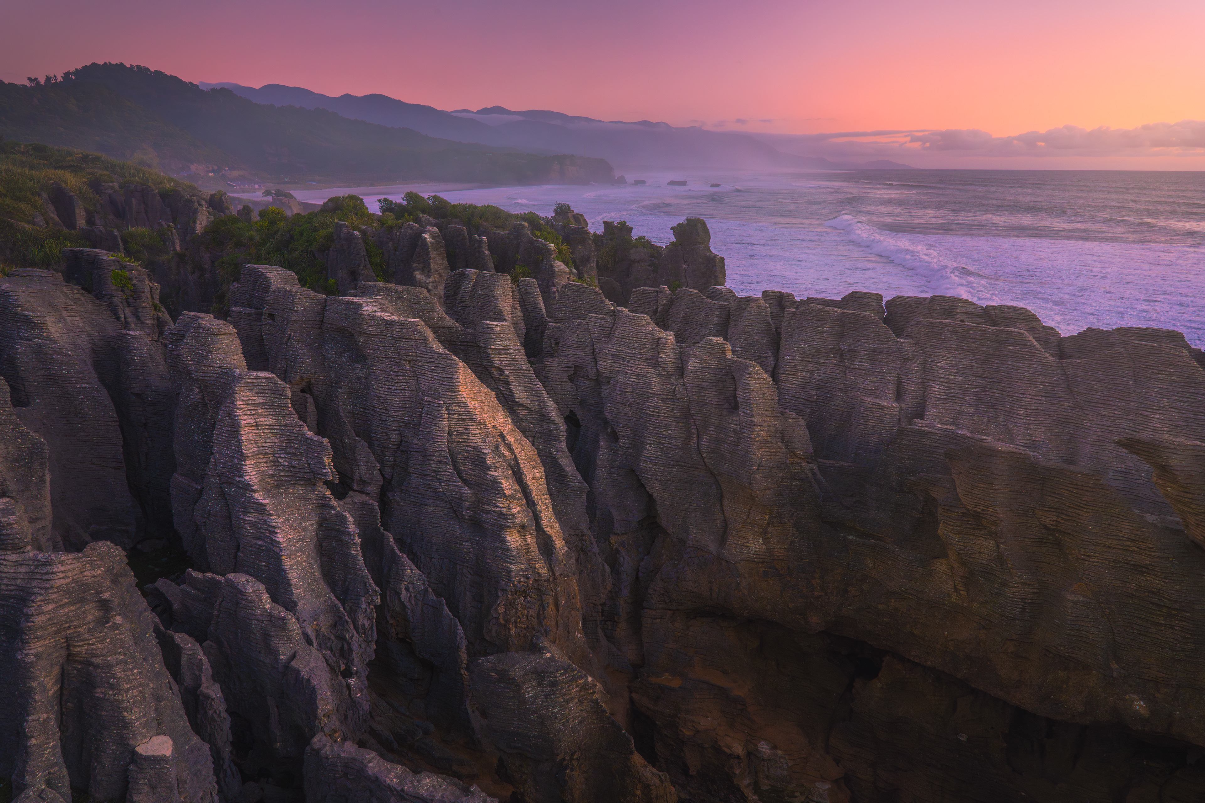 Pancake Rocks at sunset