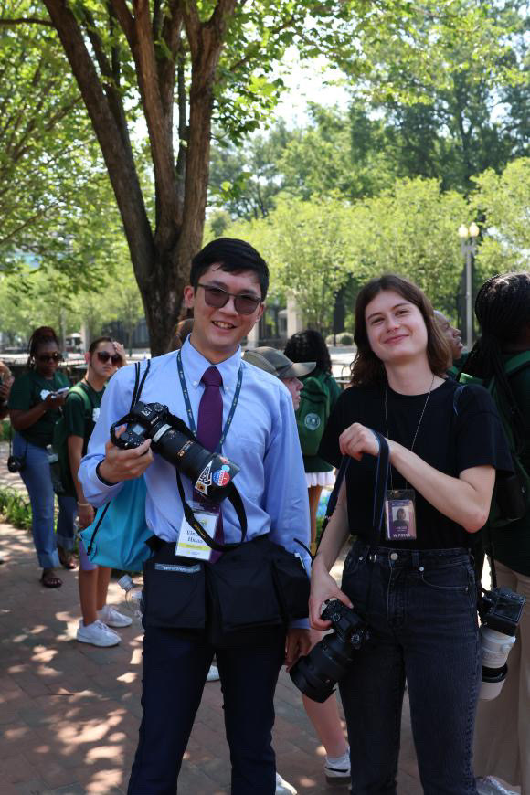 Meeting Tierney Cross, NYT D.C. Photo Fellow, while she was working on a heat wave photo assignment in Lafayette Square, Washington, D.C., June 2025, during my time at the Freedom Forum Al Neuharth Free Spirit and Journalism Conference. Photo by Nalani Jordan
