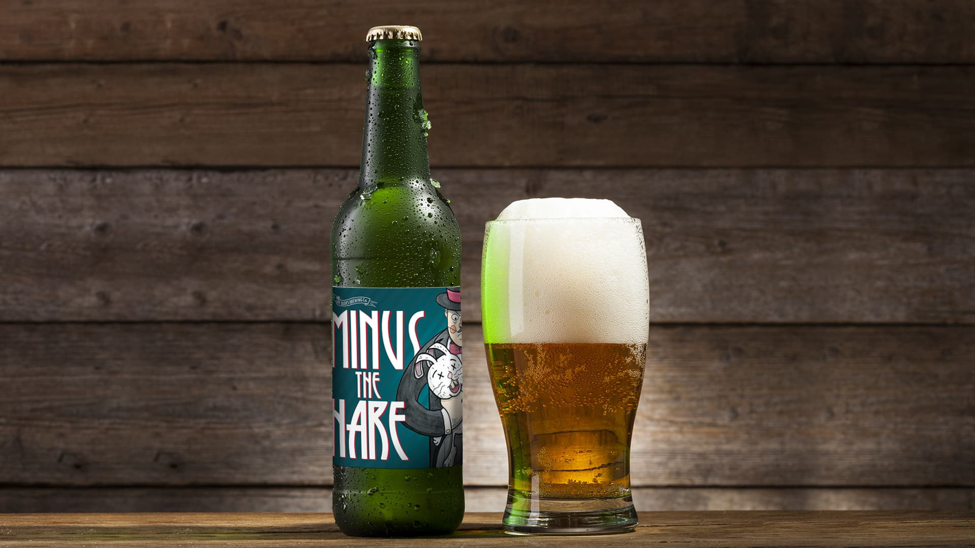 minus the hare beer bottle with a full glass of beer