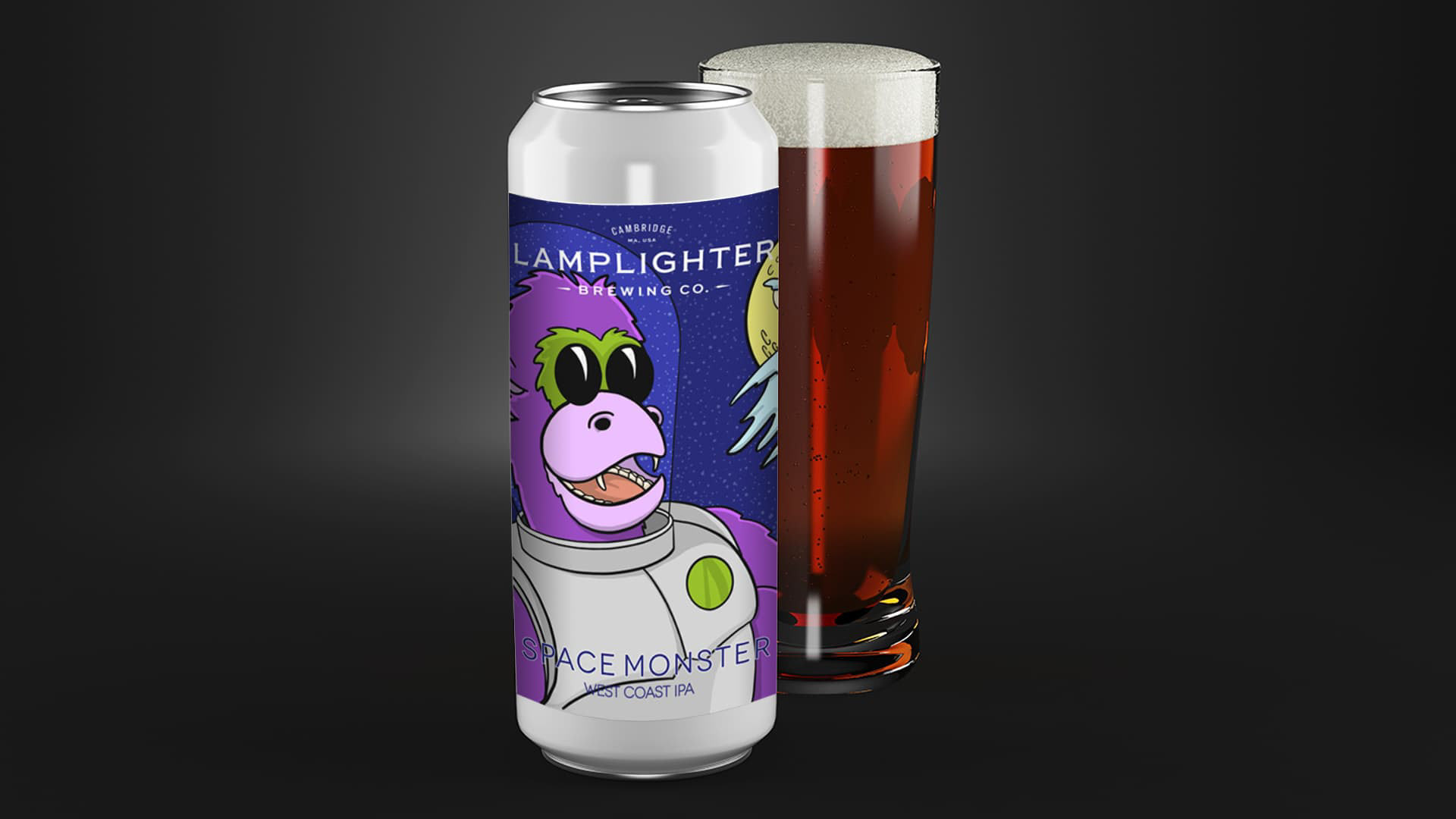 space monster beer can with a full glass of beer