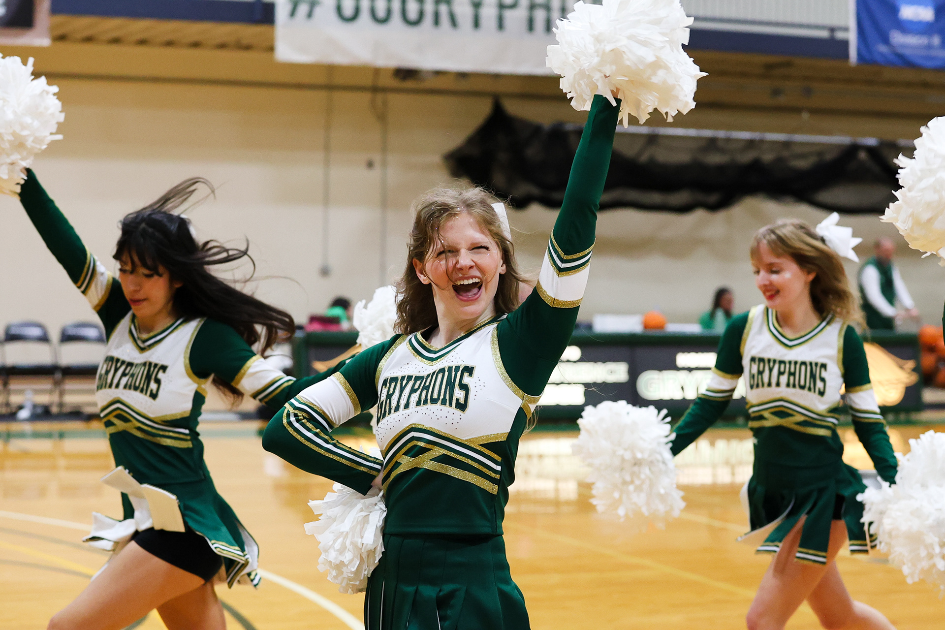 Sarah Lawrence College's Cheer Team at the Men's Basketball Skyline Conference Championship against University of Mount Saint Vincent. Tuesday, February 25th, 2025. Bronxville, New York