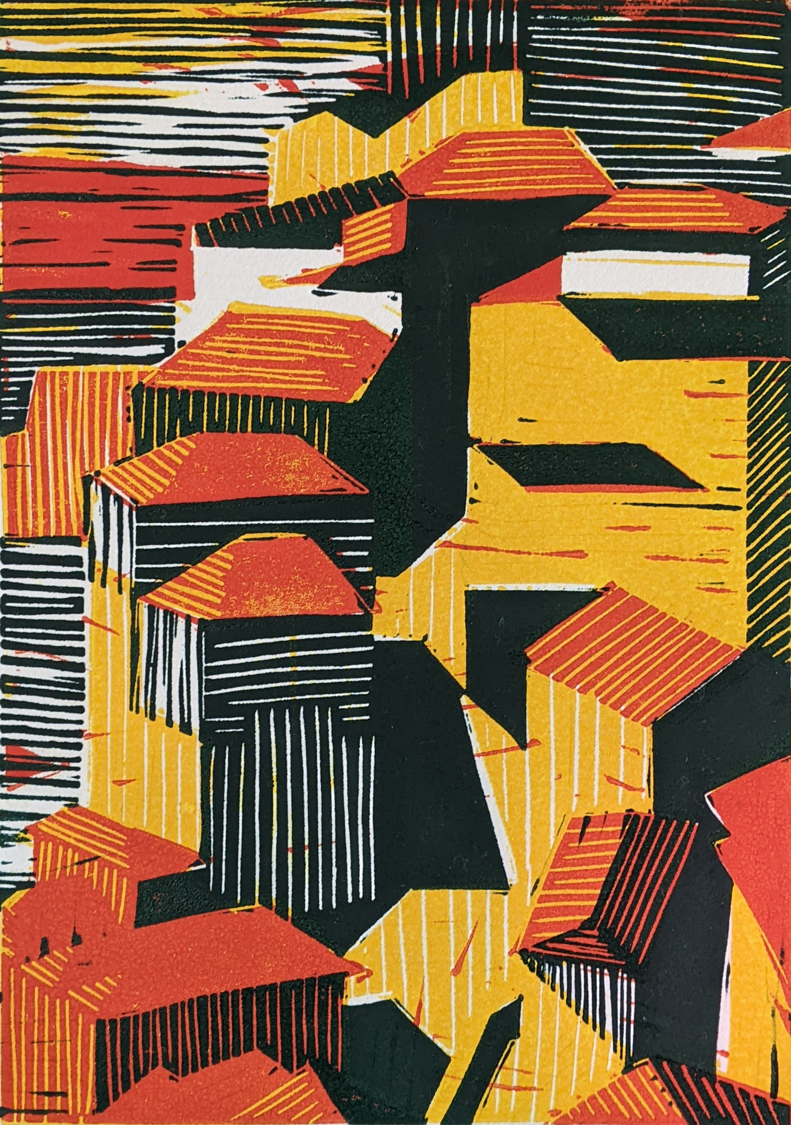 Rooftops // Multiplate Linocut // 5 3/4" x 8" // 2023