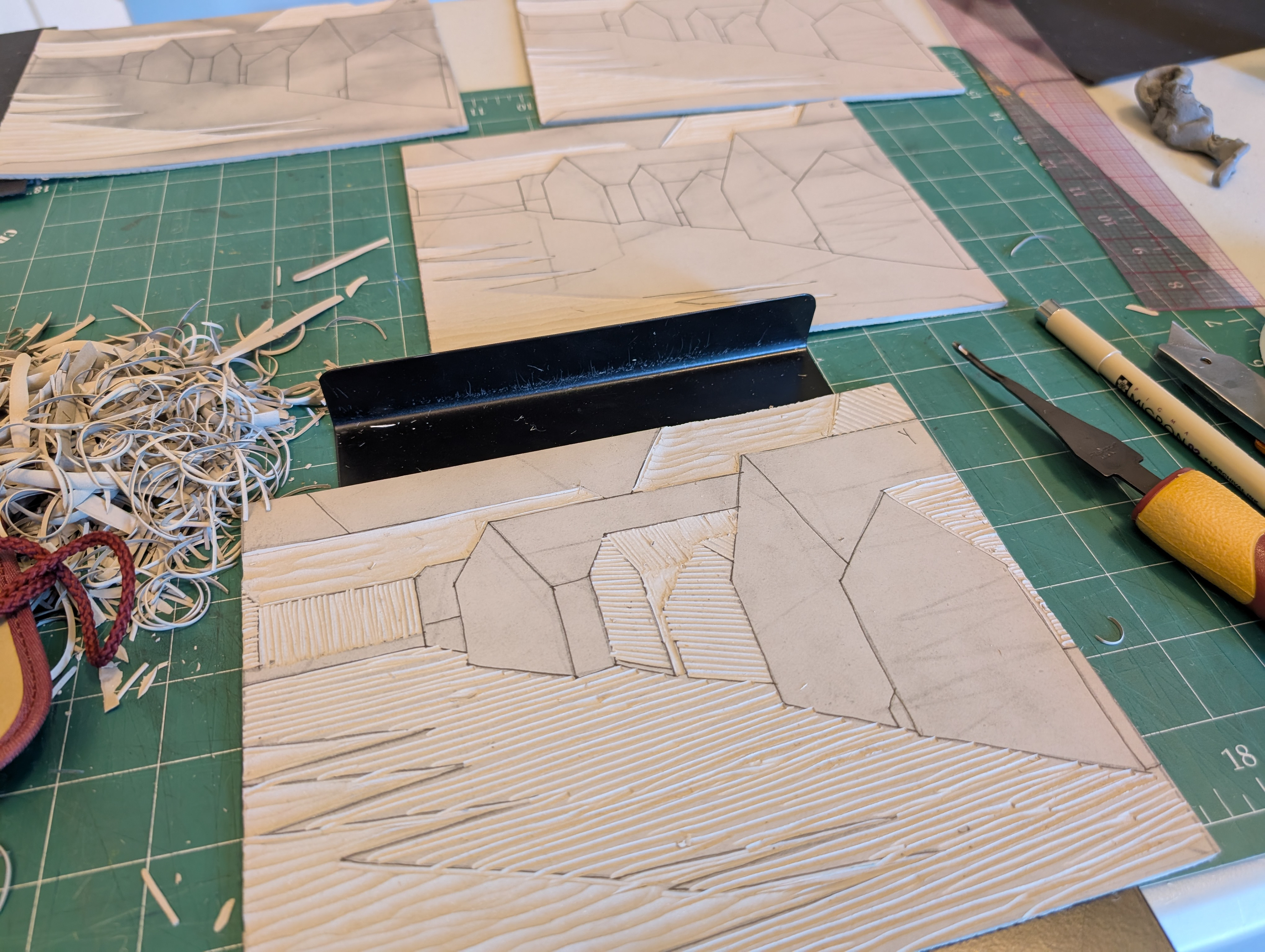 Linocut plates in Progress