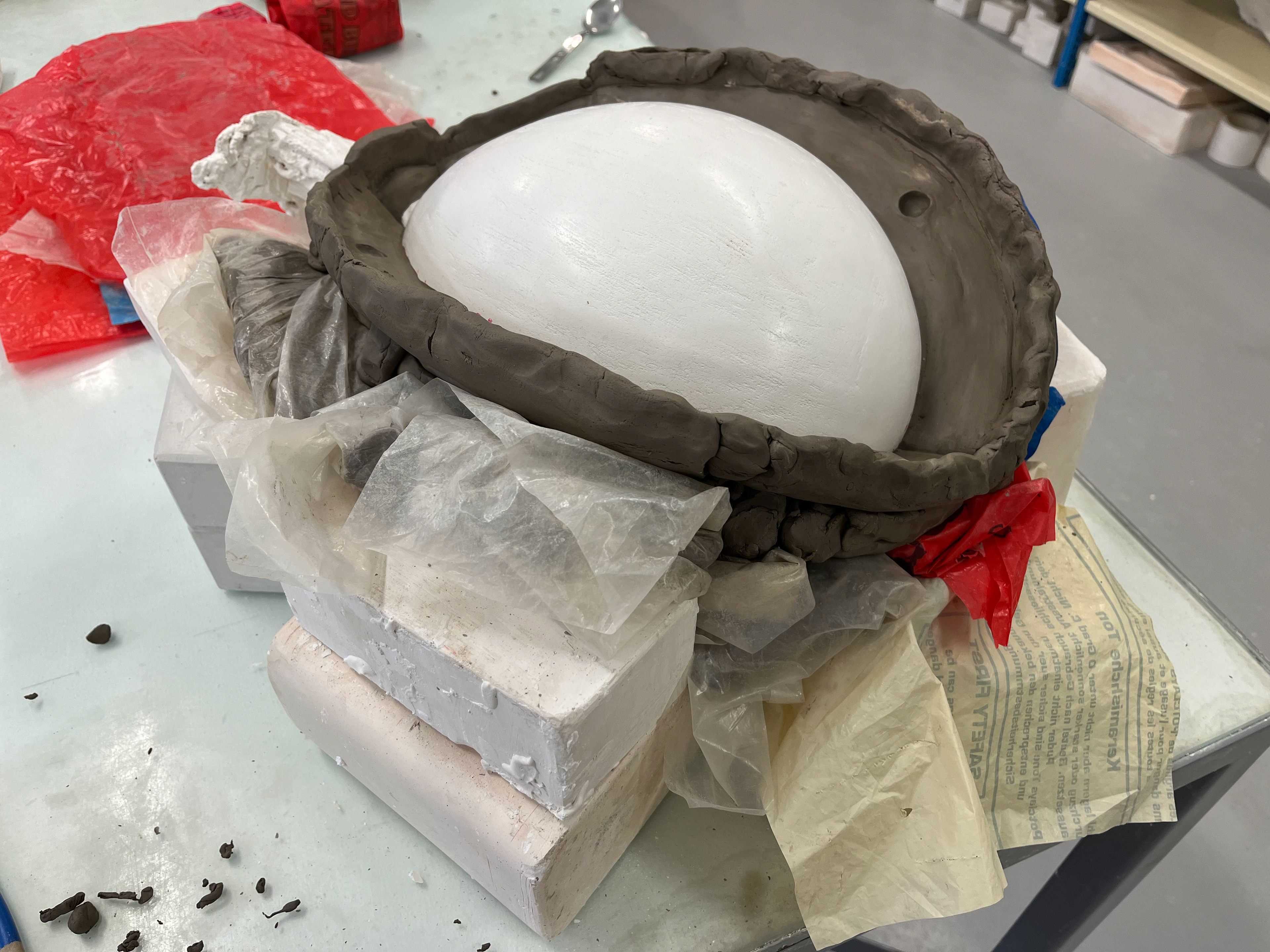 Process detail of making the three part mould. Balloon was casted in thirds based on research into glass bottle casting. Most bottles are minimum three parts, often times up to 8.