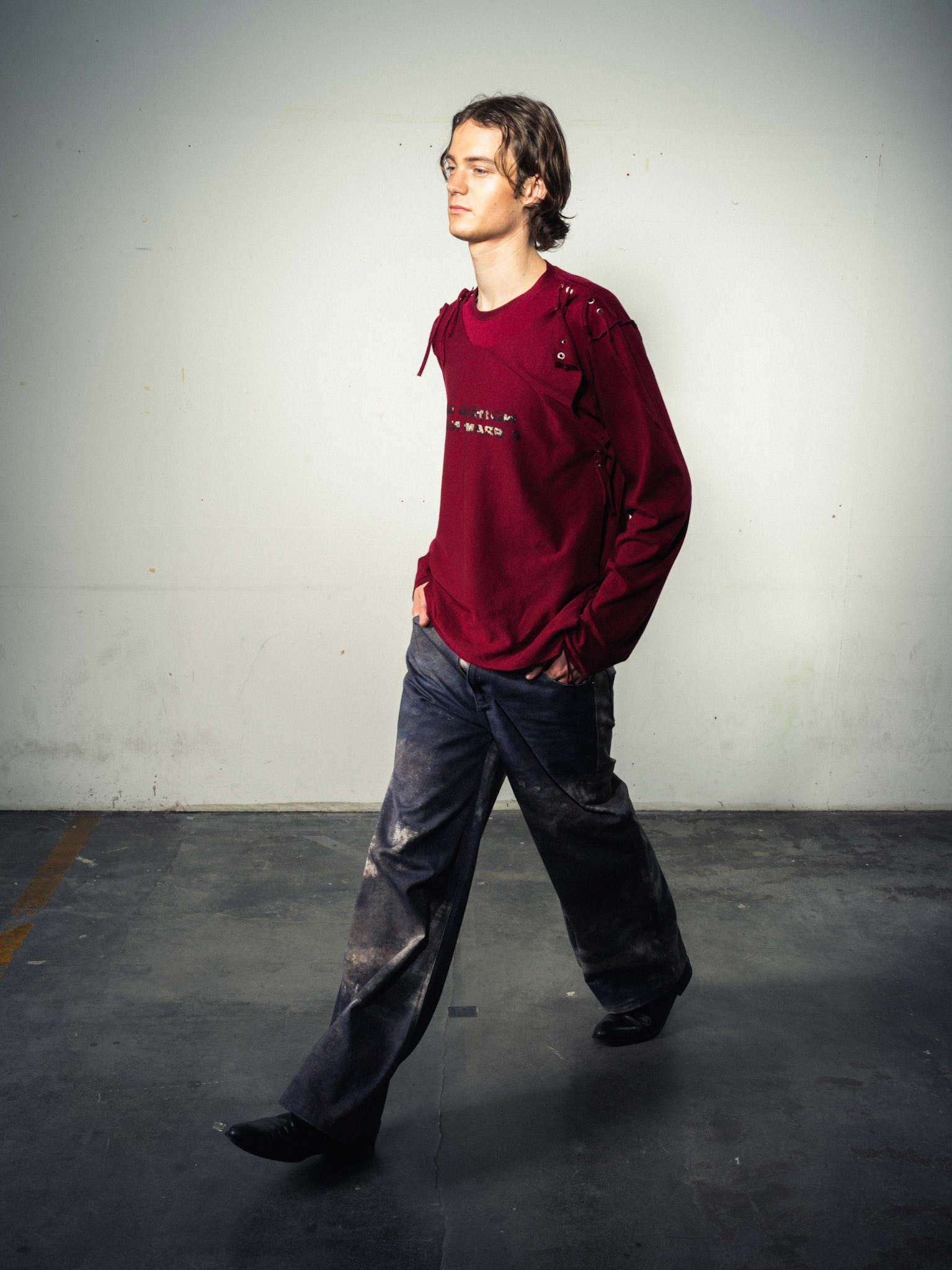 Cord Layering Shirt: Bio Cotton, Dark Red - Printed Jeans: Bio Cotton, Indigo Custom Print