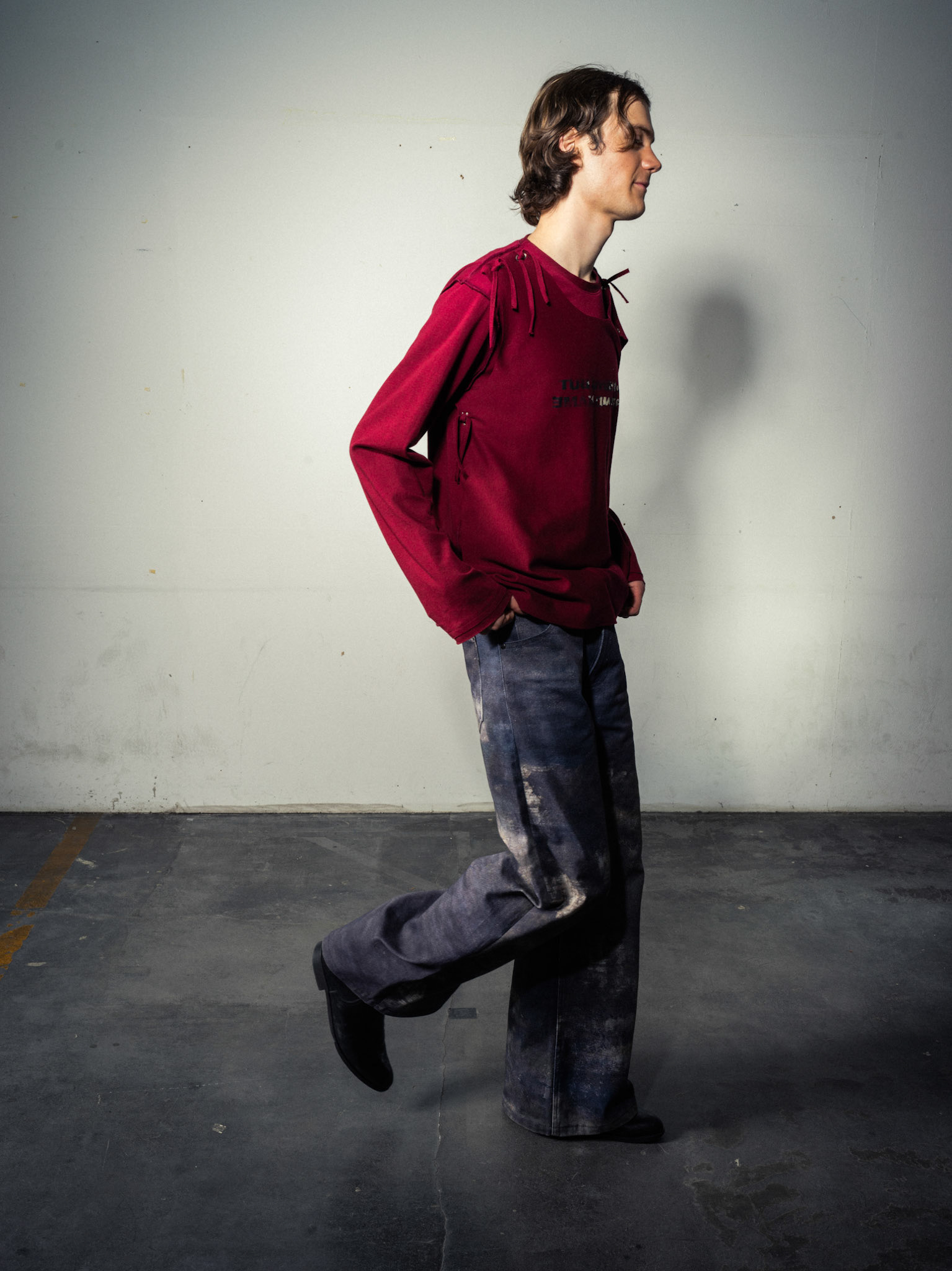 Cord Layering Shirt: Bio Cotton, Dark Red - Printed Jeans: Bio Cotton, Indigo Custom Print
