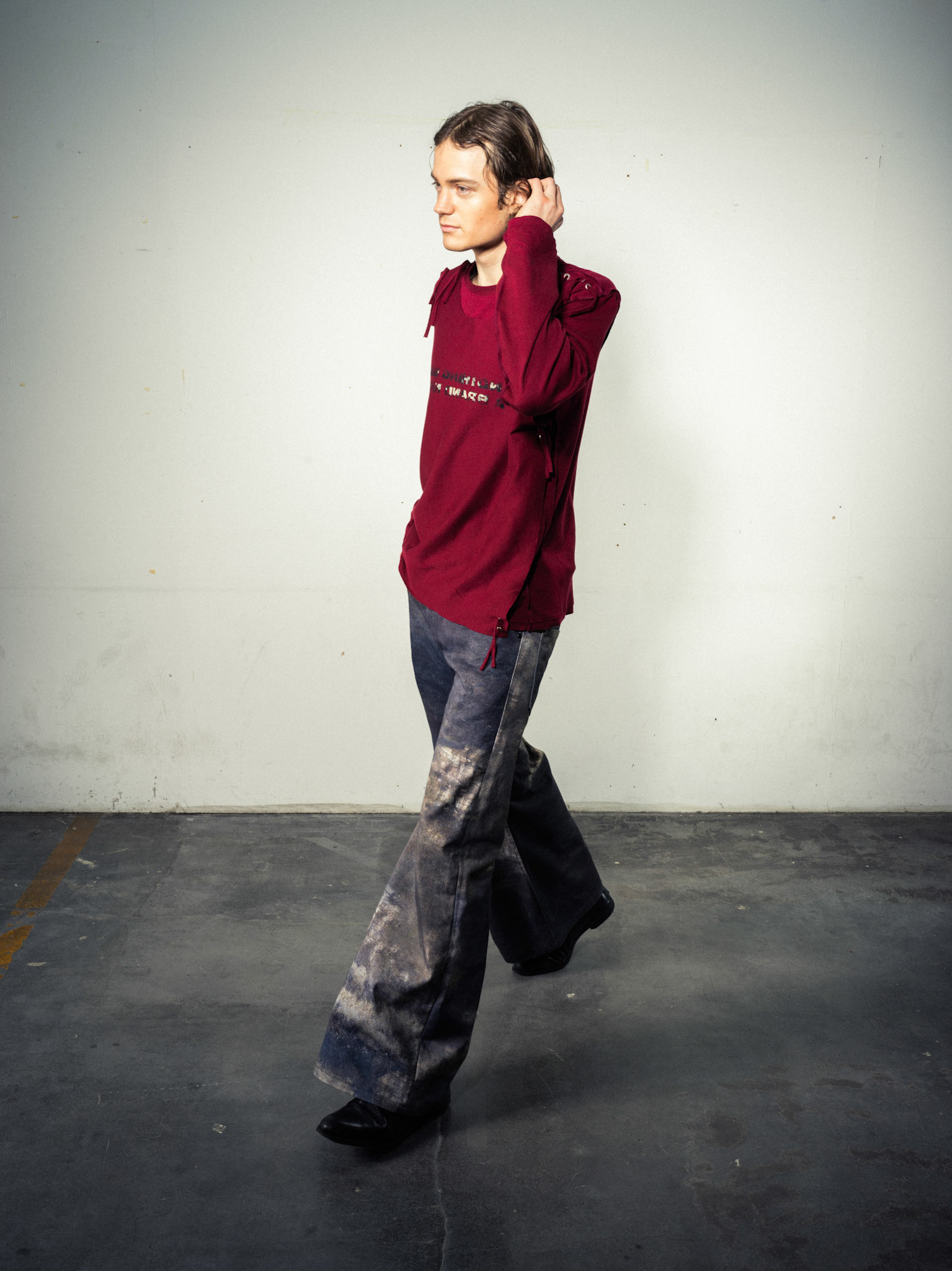 Cord Layering Shirt: Bio Cotton, Dark Red - Printed Jeans: Bio Cotton, Indigo Custom Print