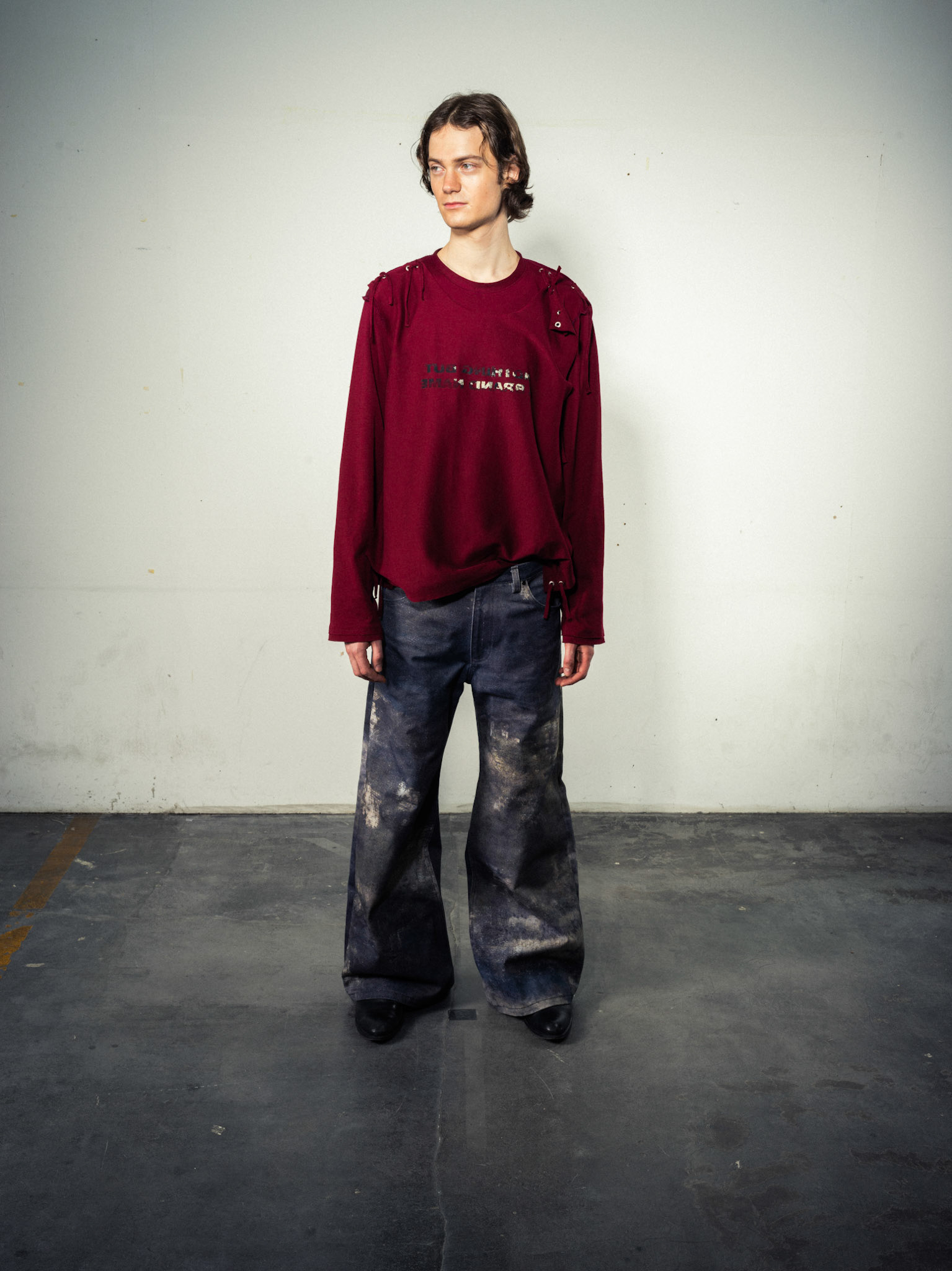 Cord Layering Shirt: Bio Cotton, Dark Red - Printed Jeans: Bio Cotton, Indigo Custom Print