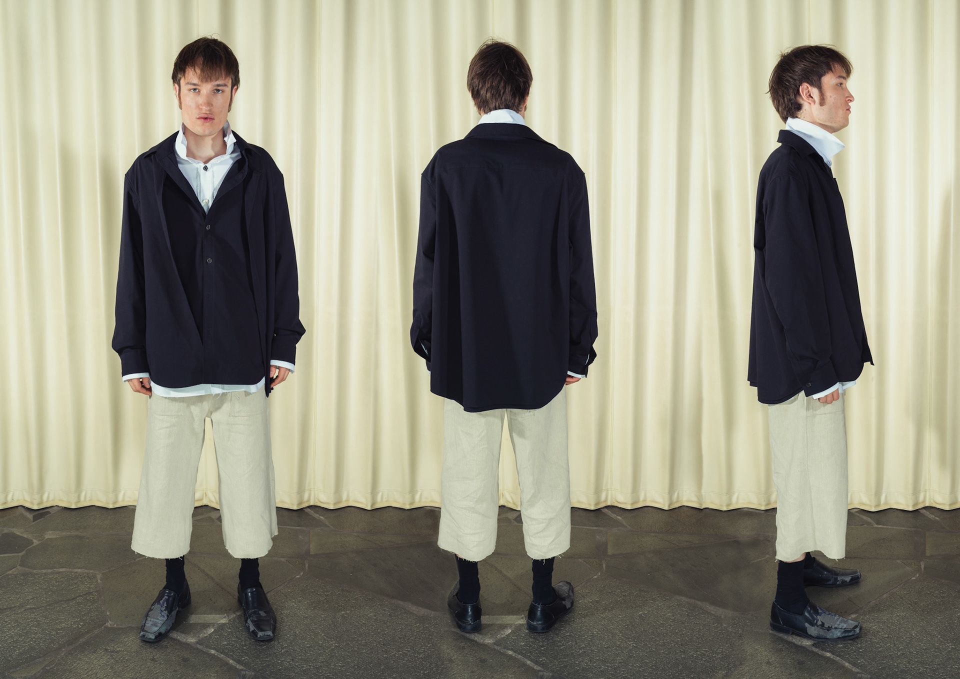 Asymmetric double-layered cotton button-up shirt and Cotton button-up shirt with fringe details, Both featuring handmade ceramic buttons, Hemp shorts with fringe details