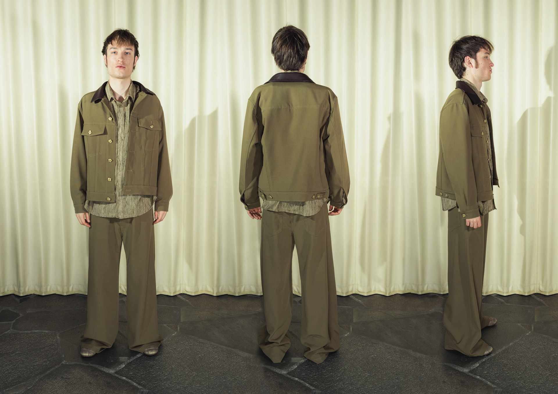 Virgin wool trucker jacket and wide-leg trousers set, Both with handmade brass buttons and deer leather details, Silk striped button-up shirt