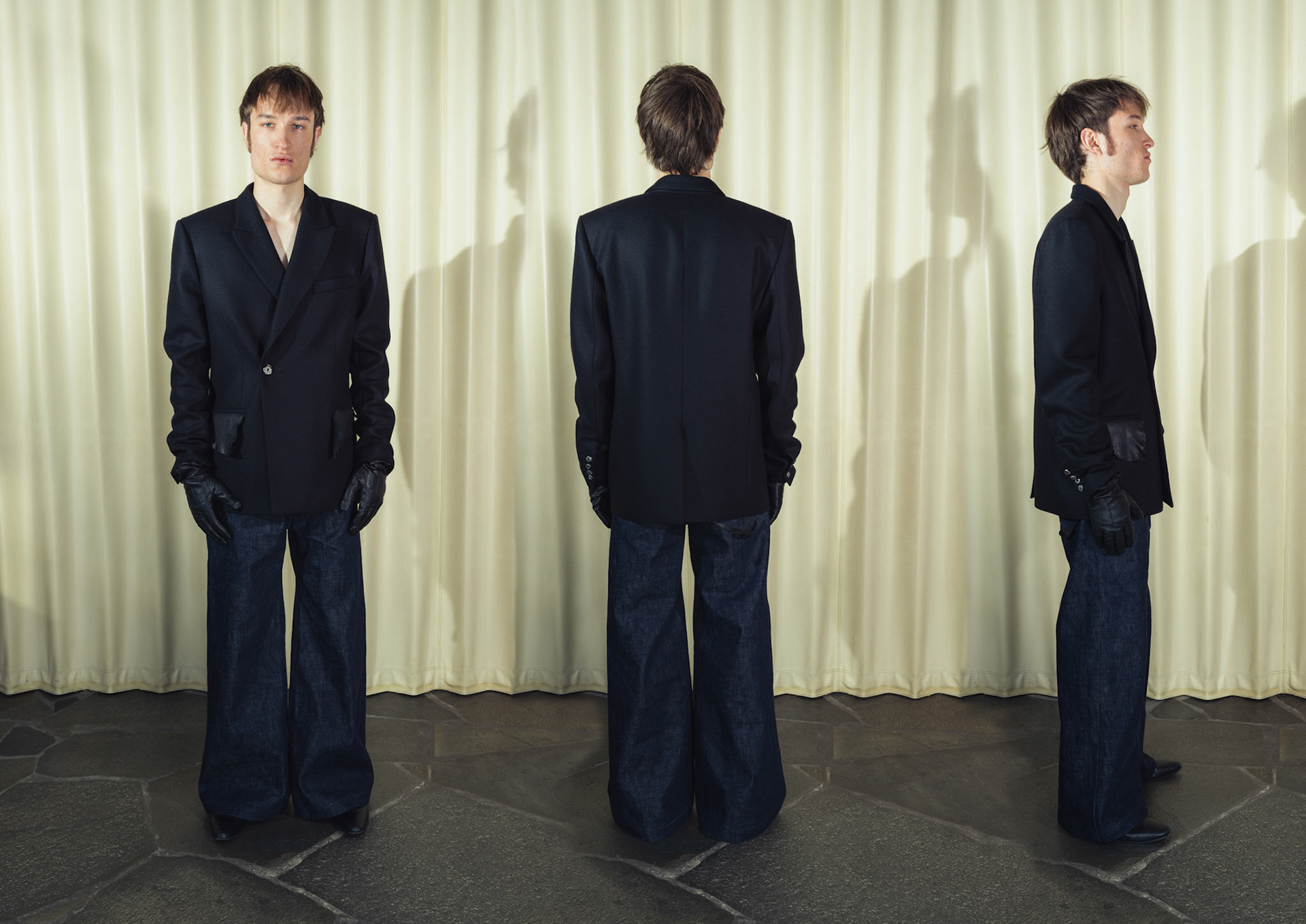 Wool cashmere double breasted blazer, Wide-leg raw selvedge denim jeans, Both with handmade silver buttons and deer leather details