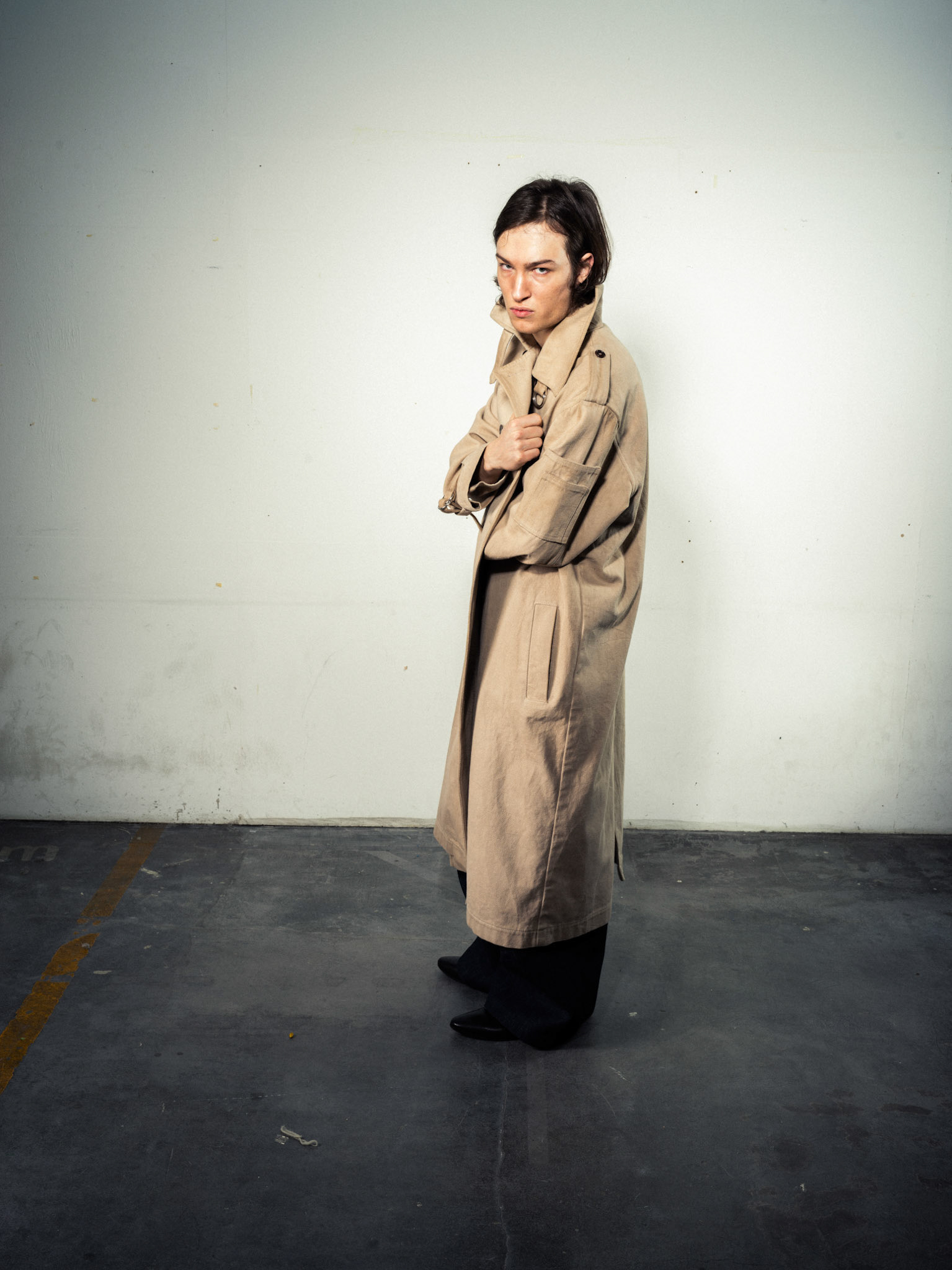 Natural Dyed Coat: Sustainable Bio Hemp, Beige/Sand - Laser Pinstripe Jeans: Bio Cotton, Indigo