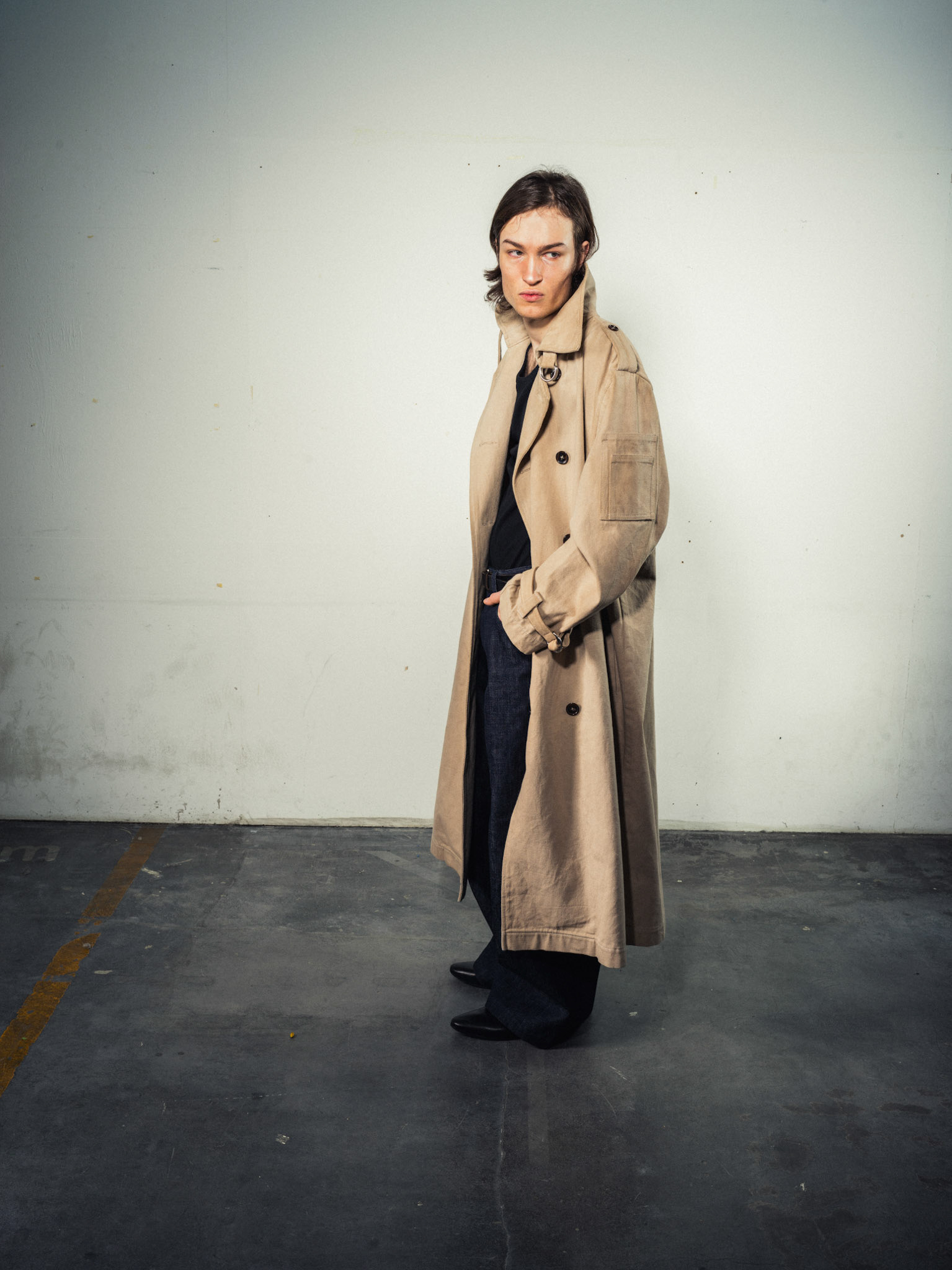Natural Dyed Coat: Sustainable Bio Hemp, Beige/Sand - Laser Pinstripe Jeans: Bio Cotton, Indigo