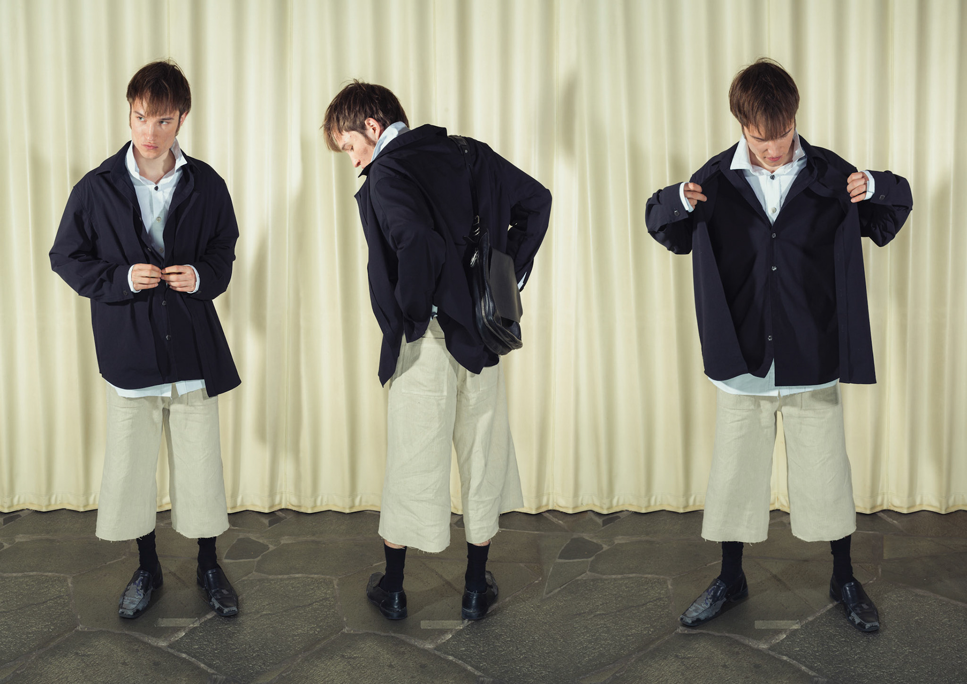 Asymmetric double-layered cotton button-up shirt and Cotton button-up shirt with fringe details, Both featuring handmade ceramic buttons, Hemp shorts with fringe details