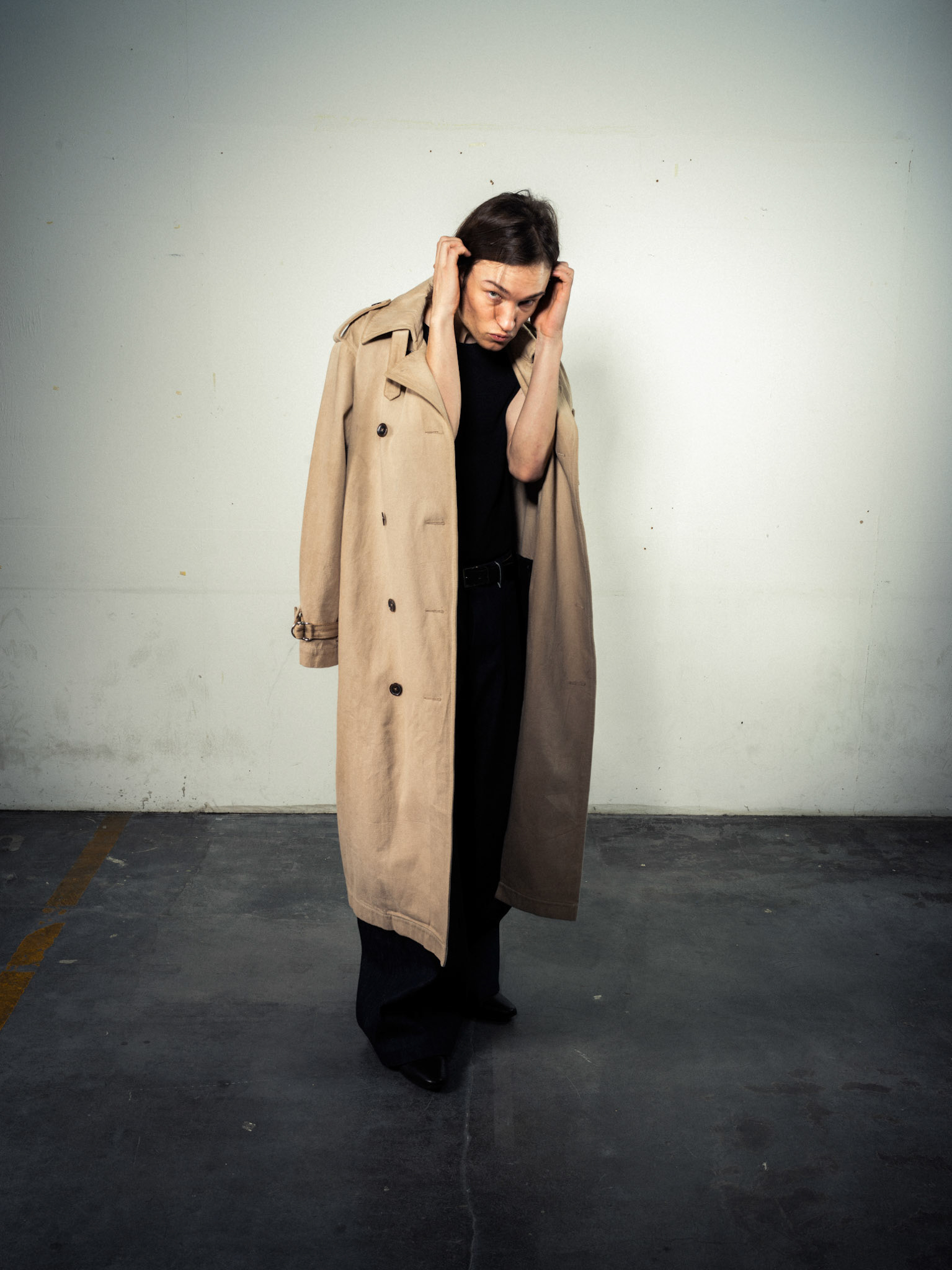 Natural Dyed Coat: Sustainable Bio Hemp, Beige/Sand - Laser Pinstripe Jeans: Bio Cotton, Indigo