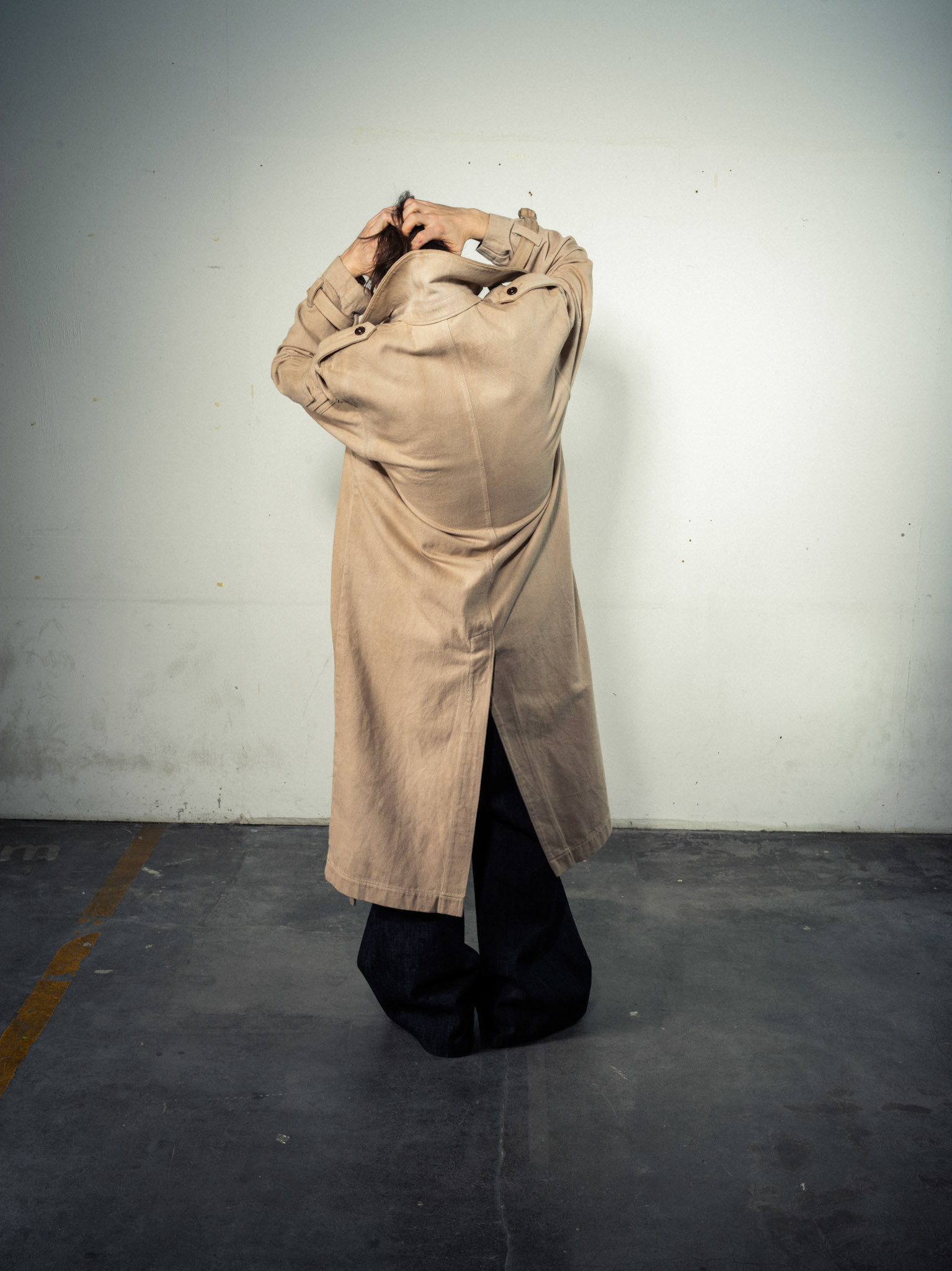 Natural Dyed Coat: Sustainable Bio Hemp, Beige/Sand - Laser Pinstripe Jeans: Bio Cotton, Indigo