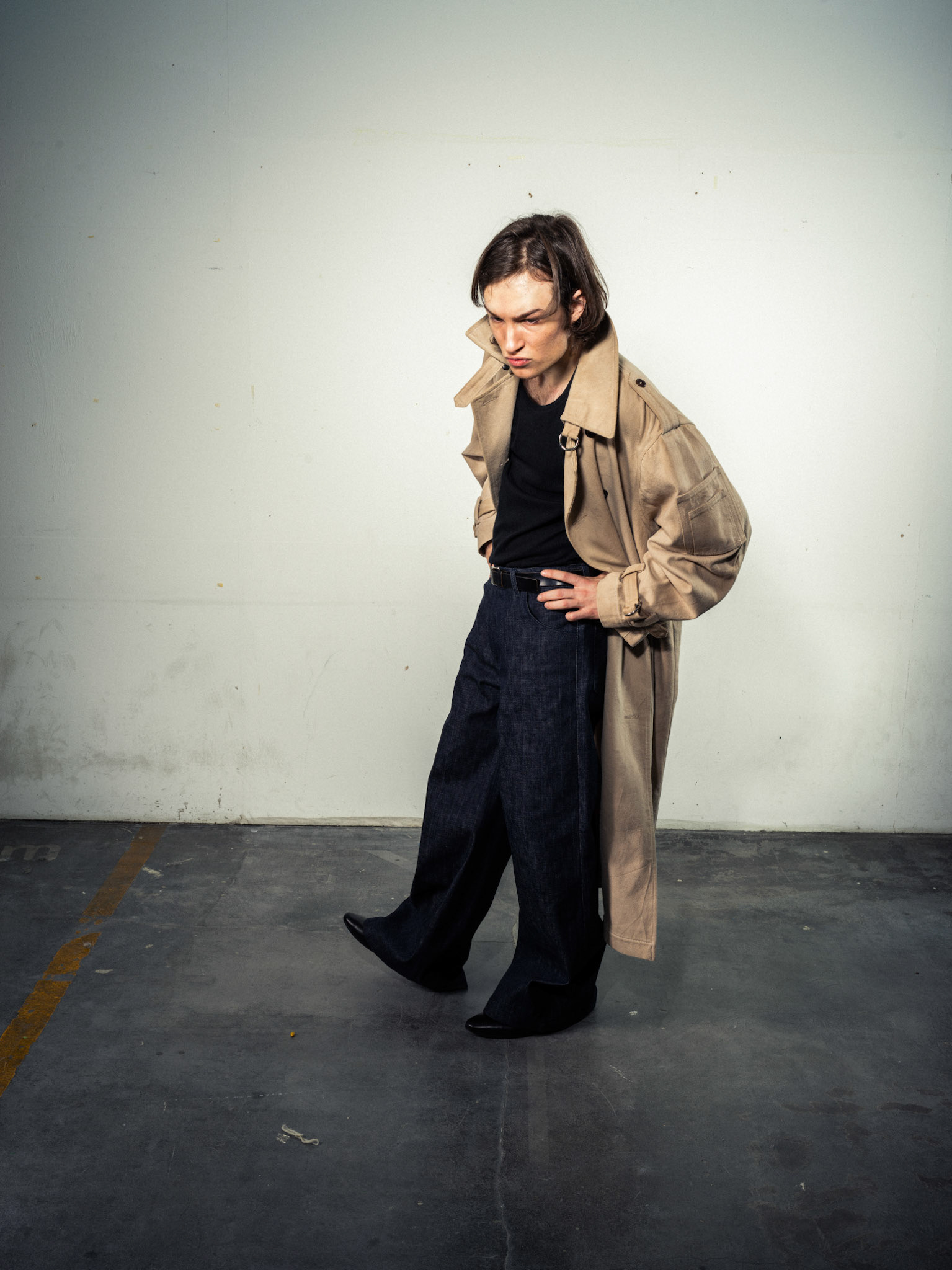 Natural Dyed Coat: Sustainable Bio Hemp, Beige/Sand - Laser Pinstripe Jeans: Bio Cotton, Indigo